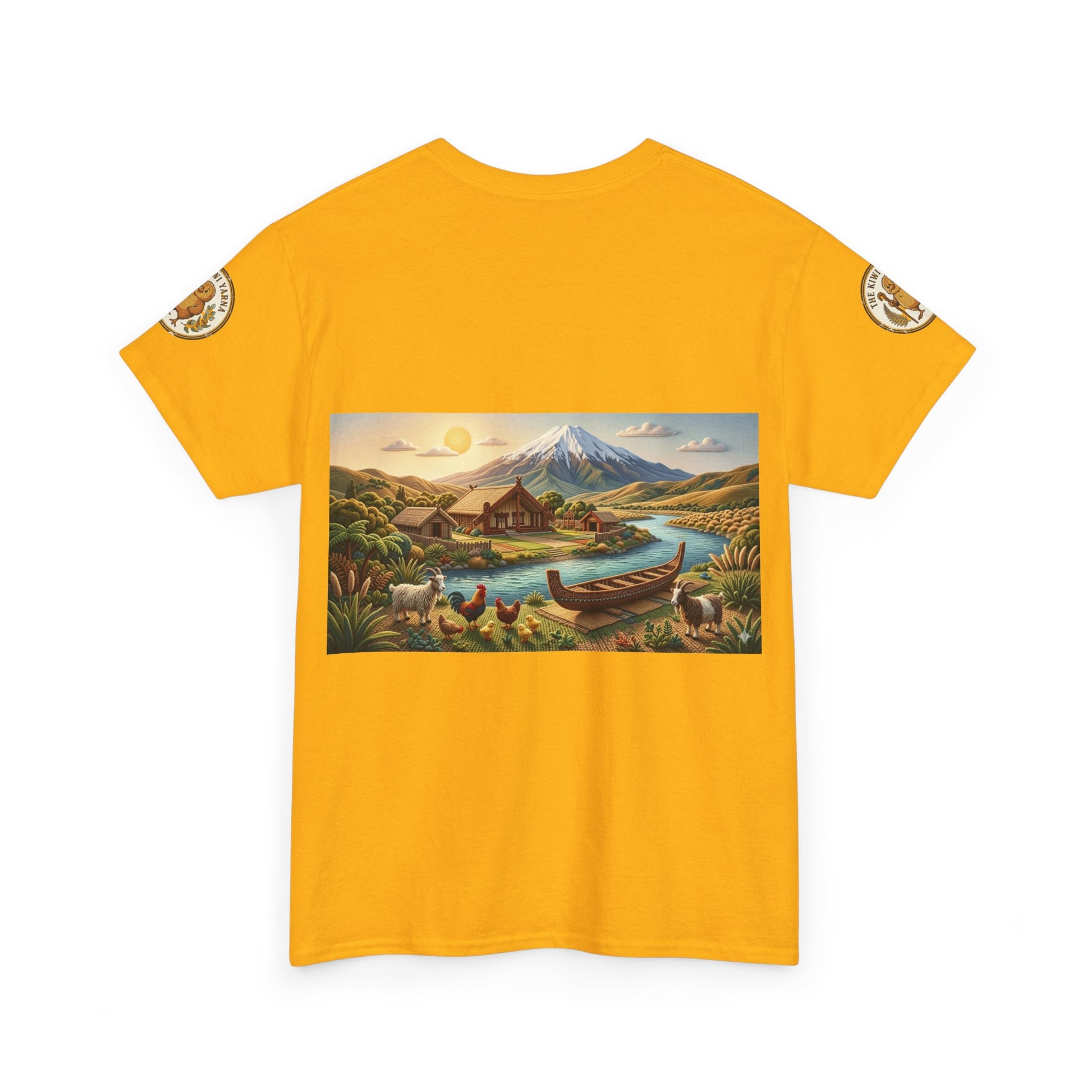 Yellow graphic crewneck T-shirt with landscape boat and mountain rectangular print
