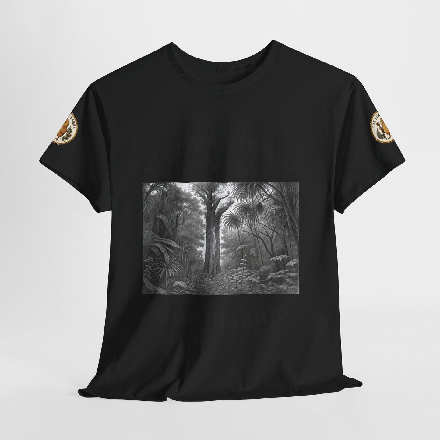 Black T-shirt with centered grayscale forest rectangle and circular sleeve patches