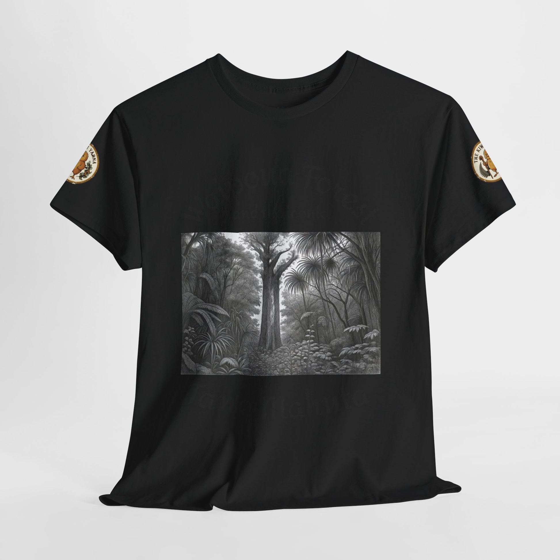 Black T-shirt with centered grayscale forest rectangle and circular sleeve patches