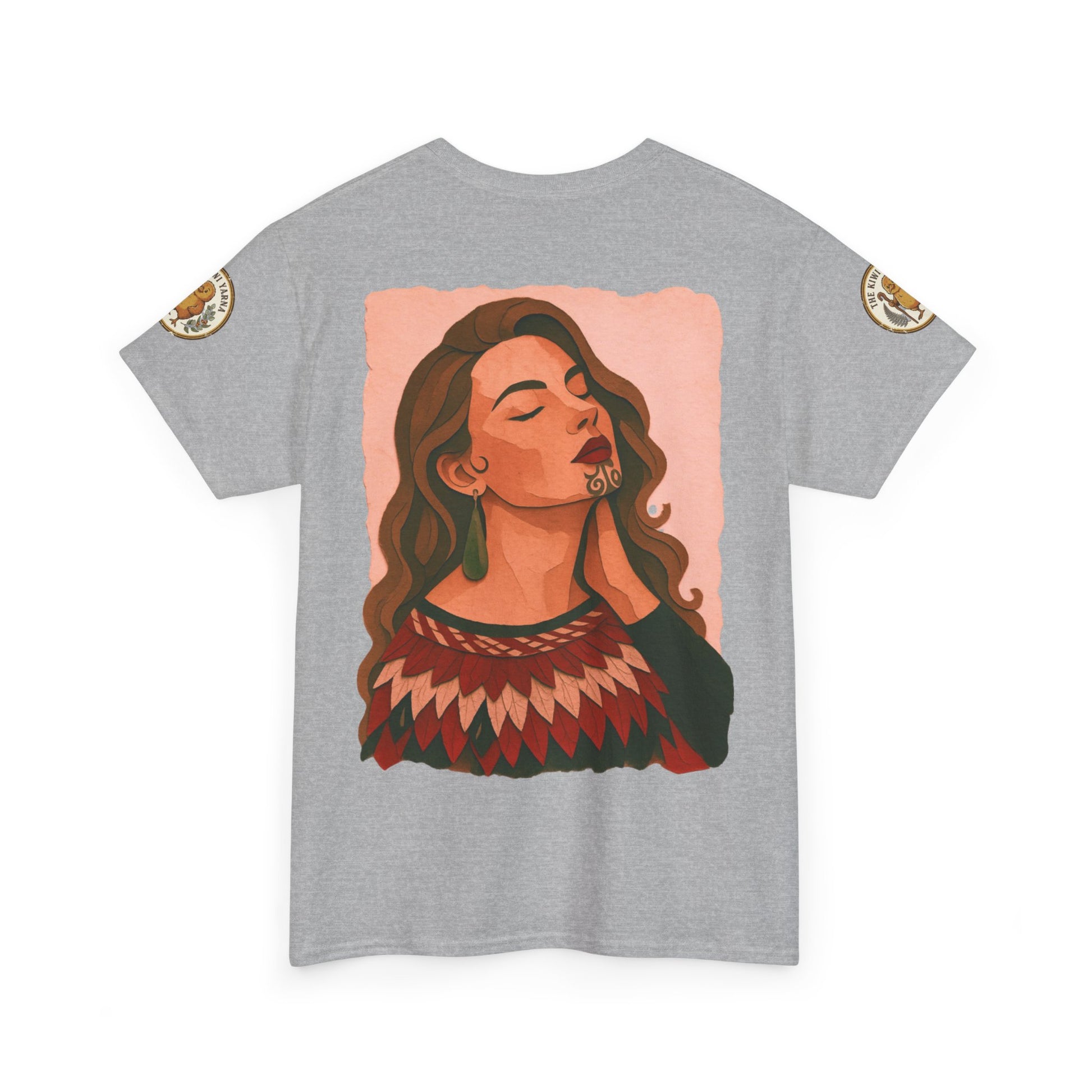 Heather gray graphic T-shirt with woman's face portrait in a pink square