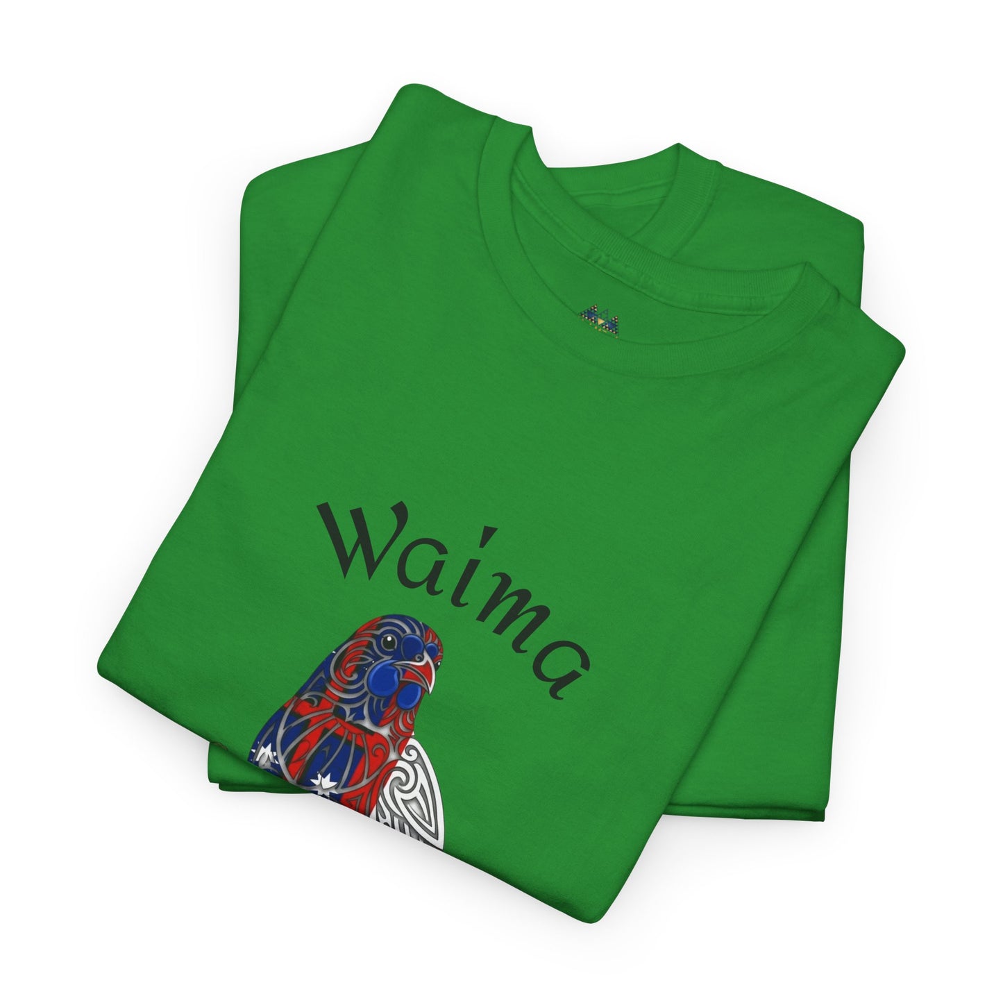 Green folded T-shirt with Waima text and bird graphic