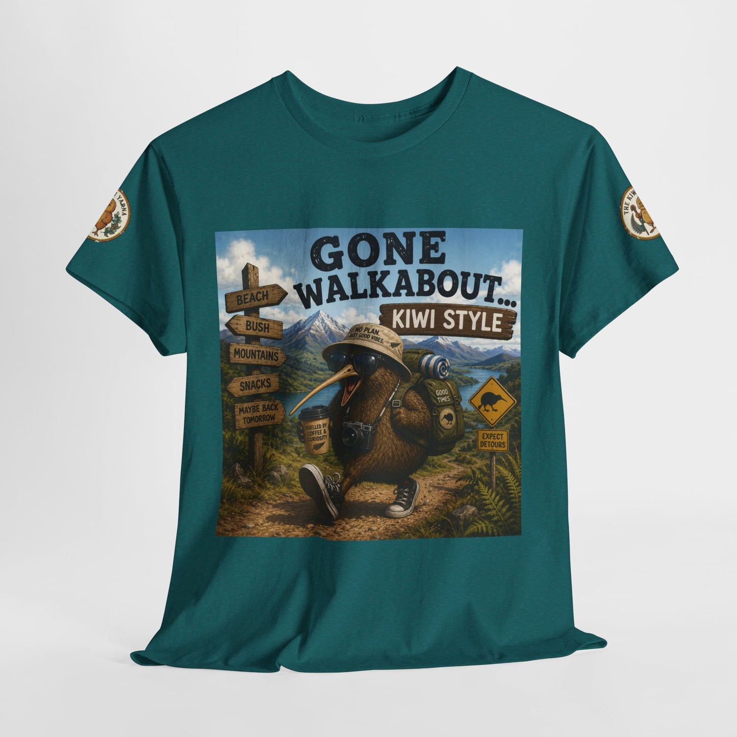 Teal short-sleeve crewneck T-shirt with large kiwi-style adventure front graphic.