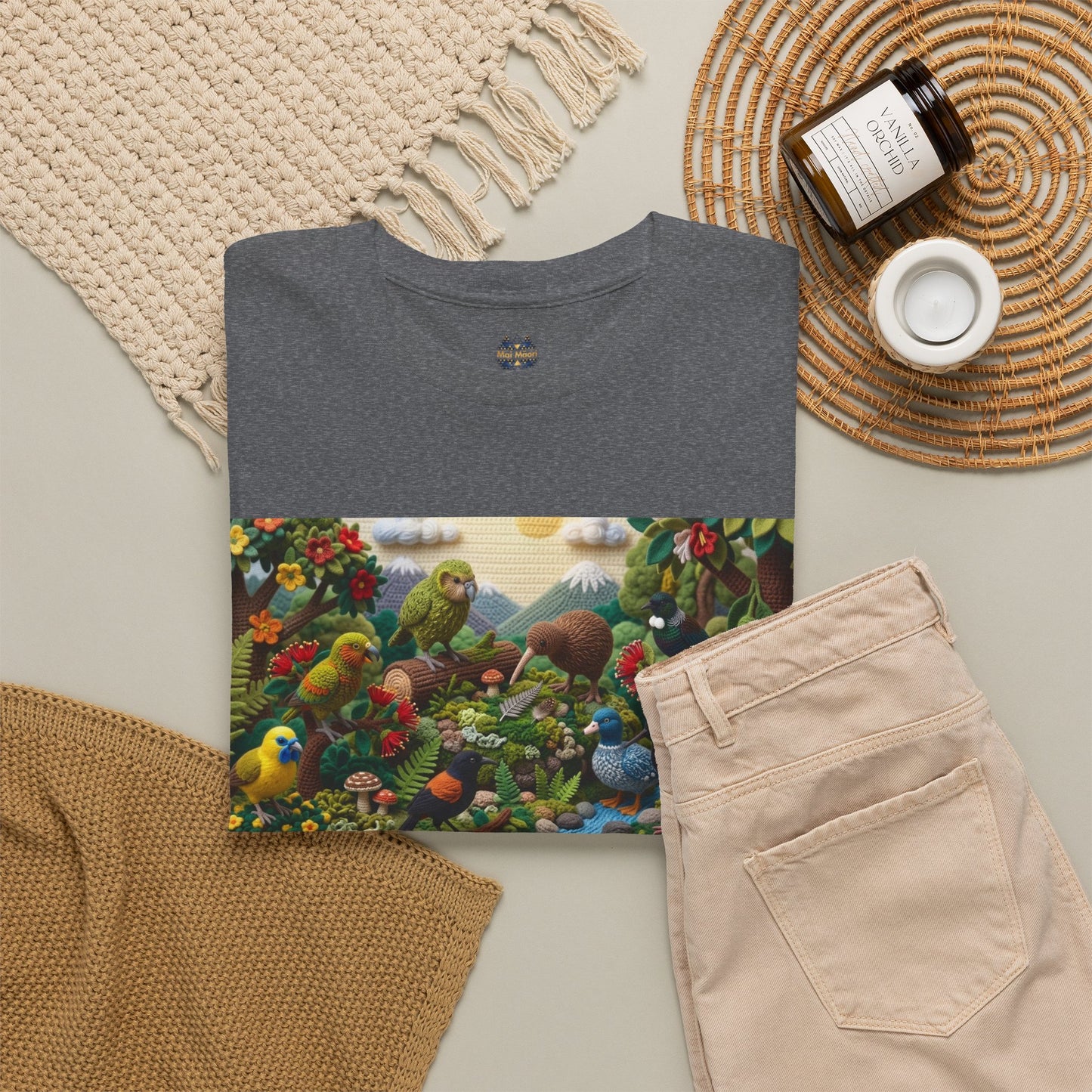 Heather gray graphic T-shirt laid flat with bird scene rectangular front print