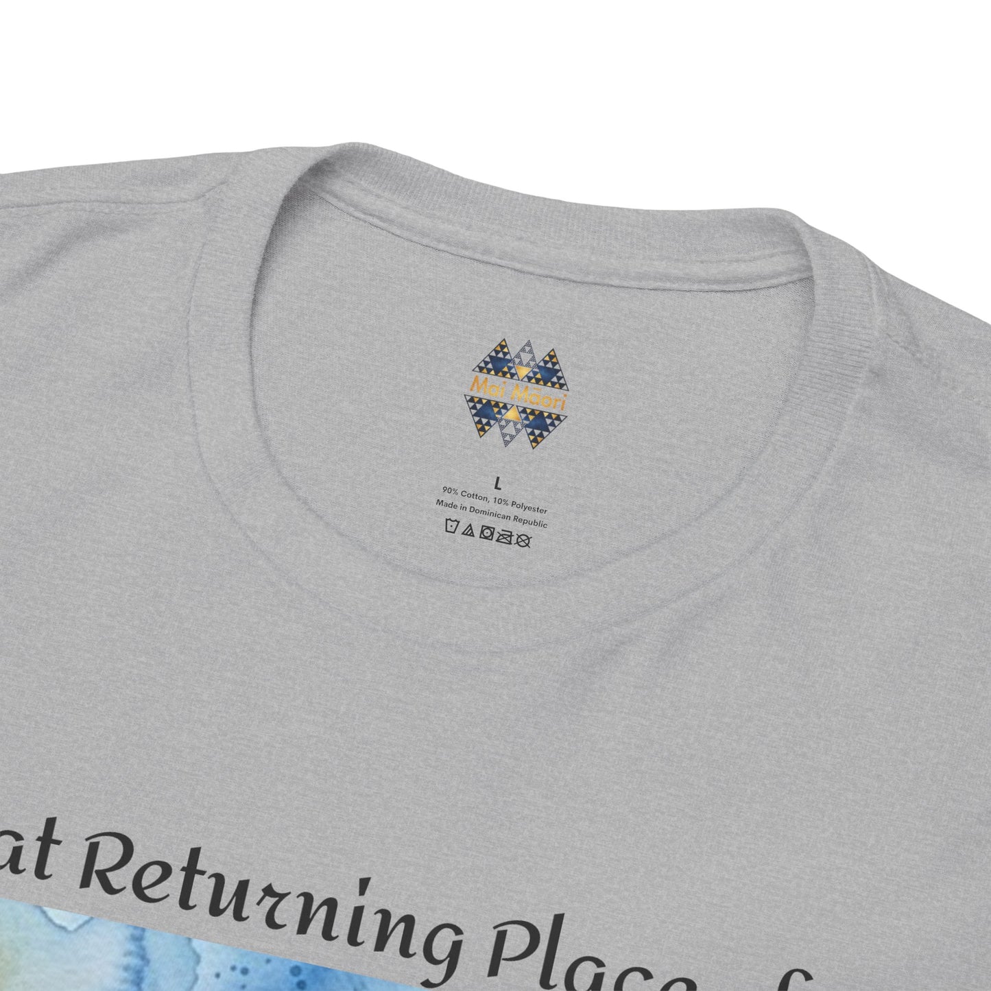 Sport grey crewneck T-shirt close-up with small chest emblem near the collar