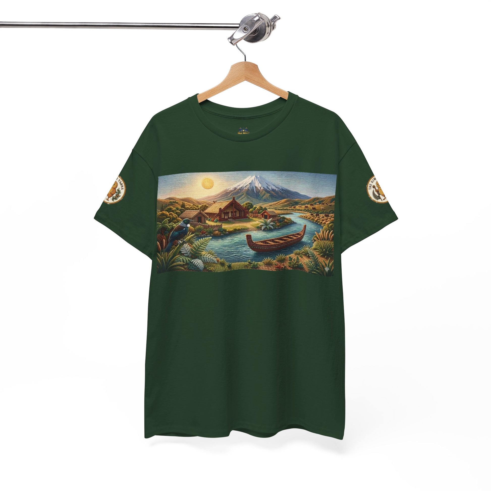 Dark green graphic T-shirt with round neck, front landscape print, and sleeve patches