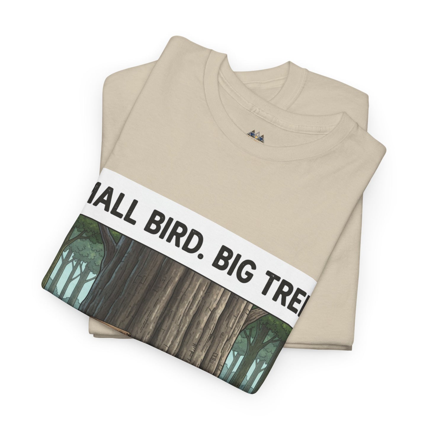 Beige T-shirt folded, showing large 'BIRD. BIG TREE' graphic across