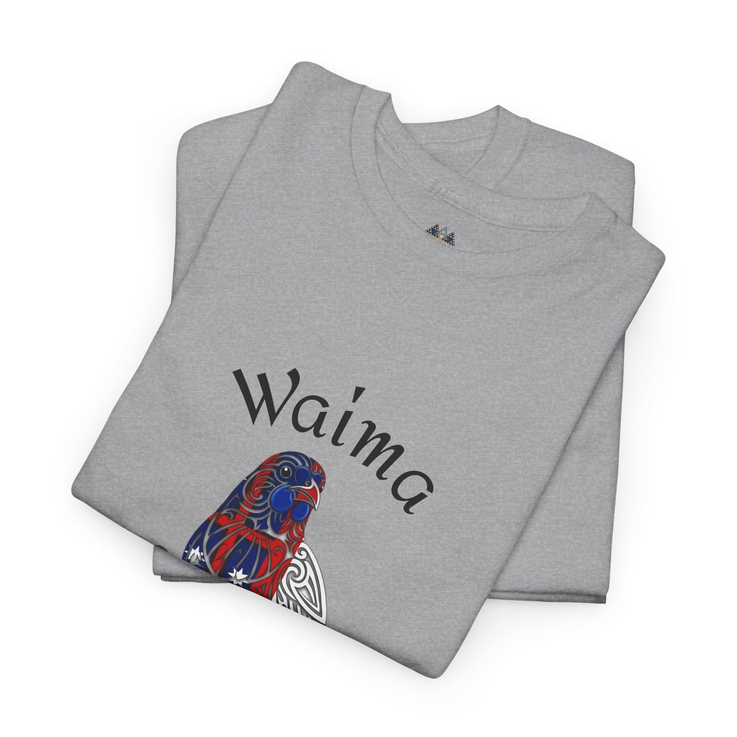 Gray graphic T-shirt with bird illustration and “Waima” text on the front