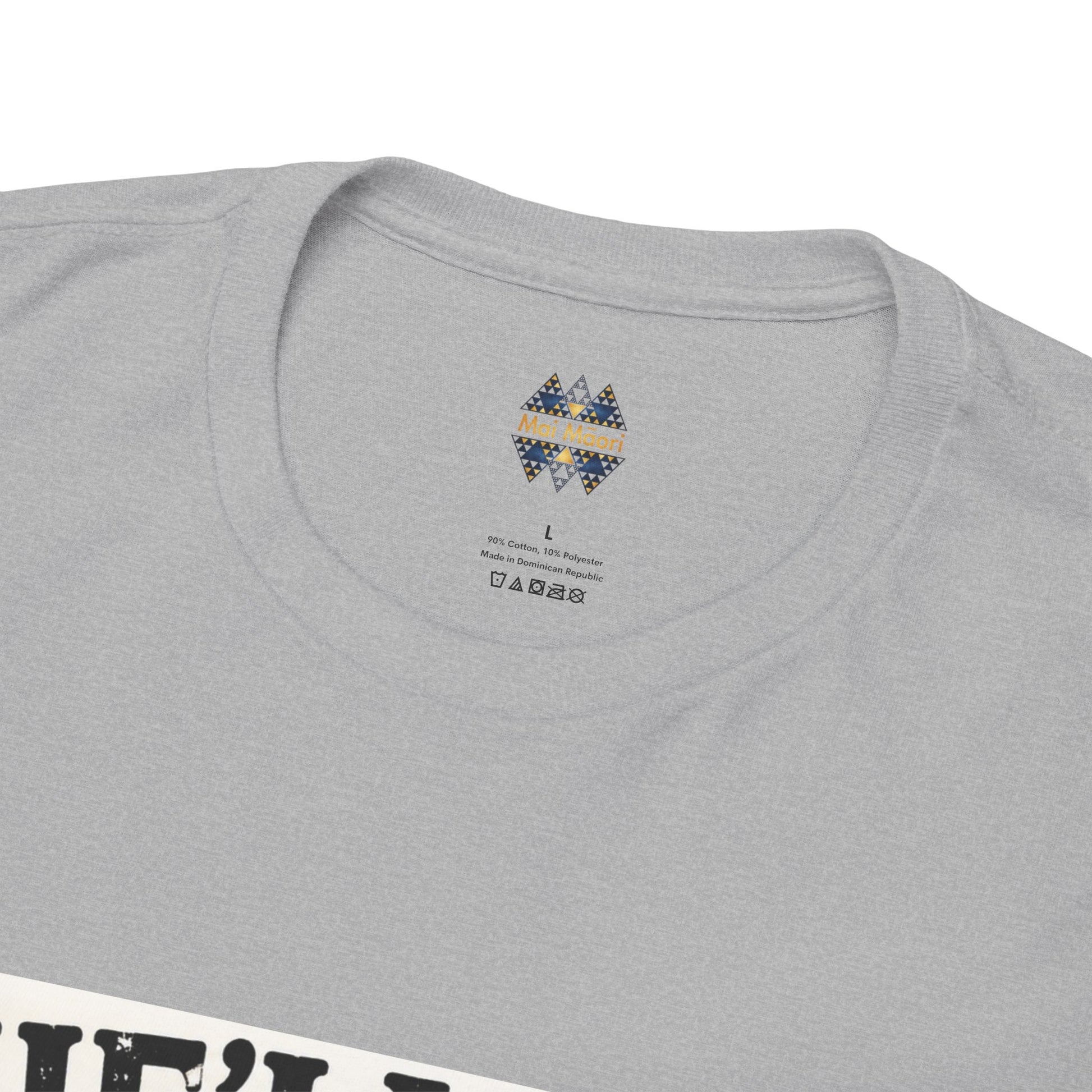 Grey T-shirt neckline with small multicolor logo patch on the chest
