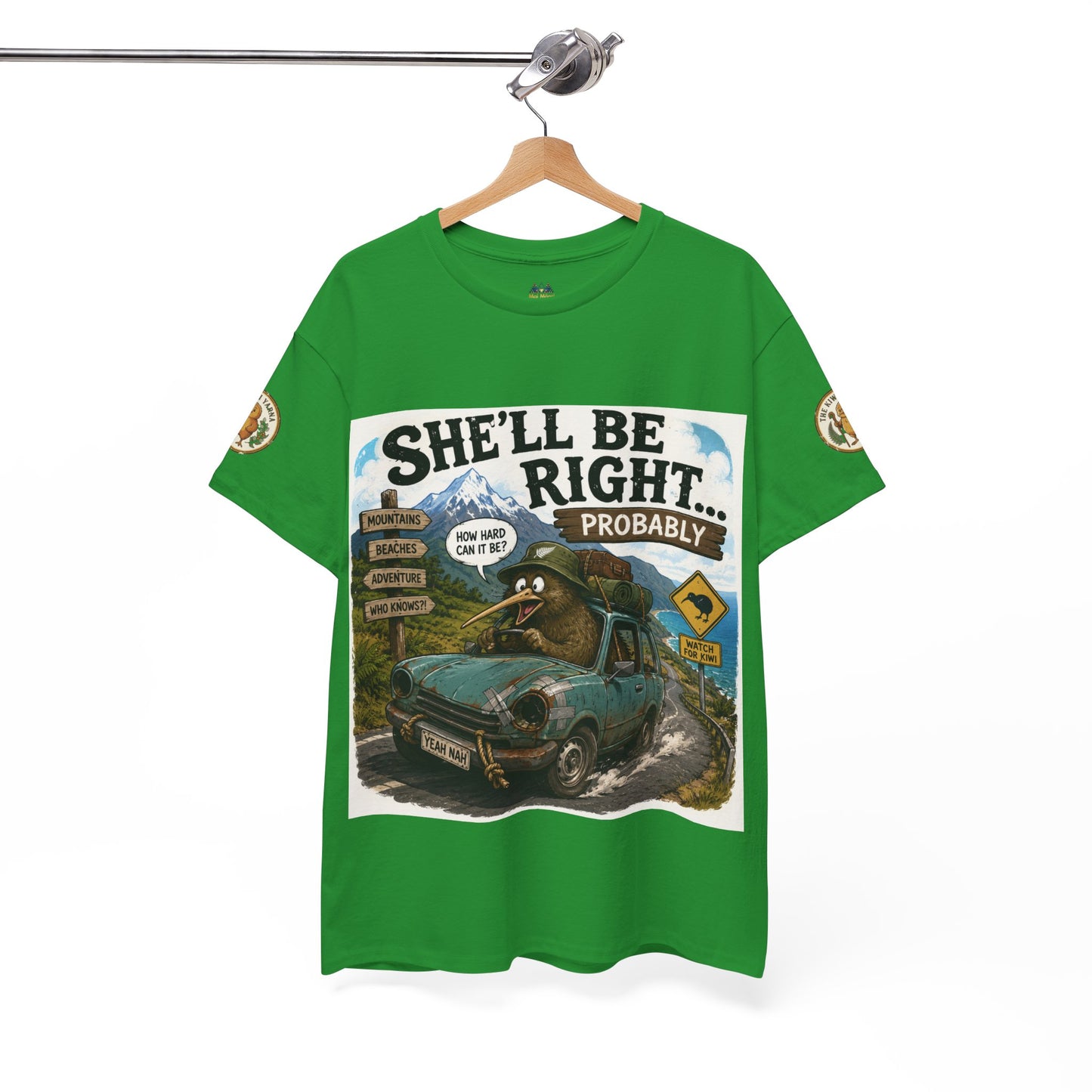 Bright green graphic T-shirt on hanger with centered car artwork and bold front lettering