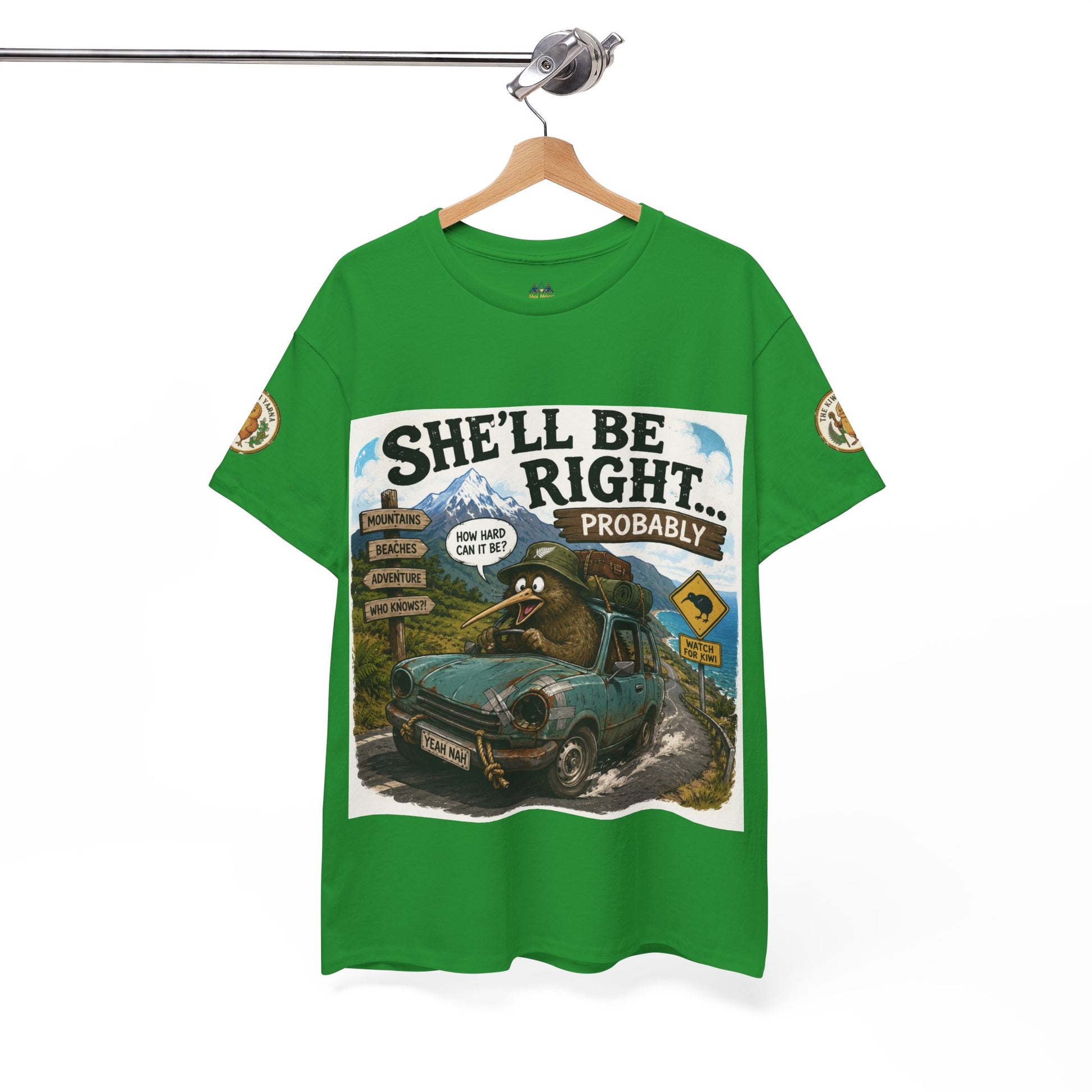 Bright green graphic T-shirt on hanger with centered car artwork and bold front lettering