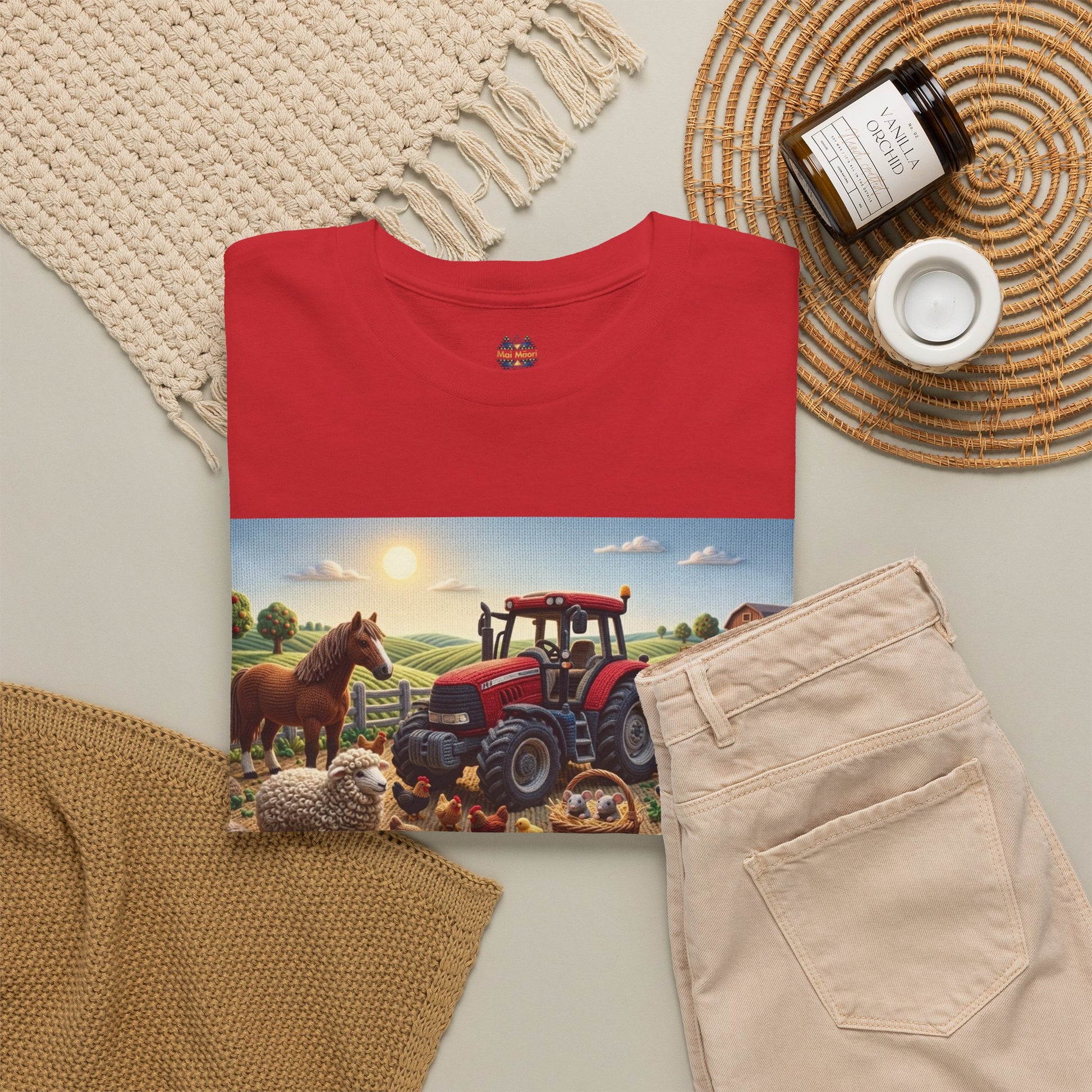 Red farm graphic T-shirt with tractor and animals rectangle print