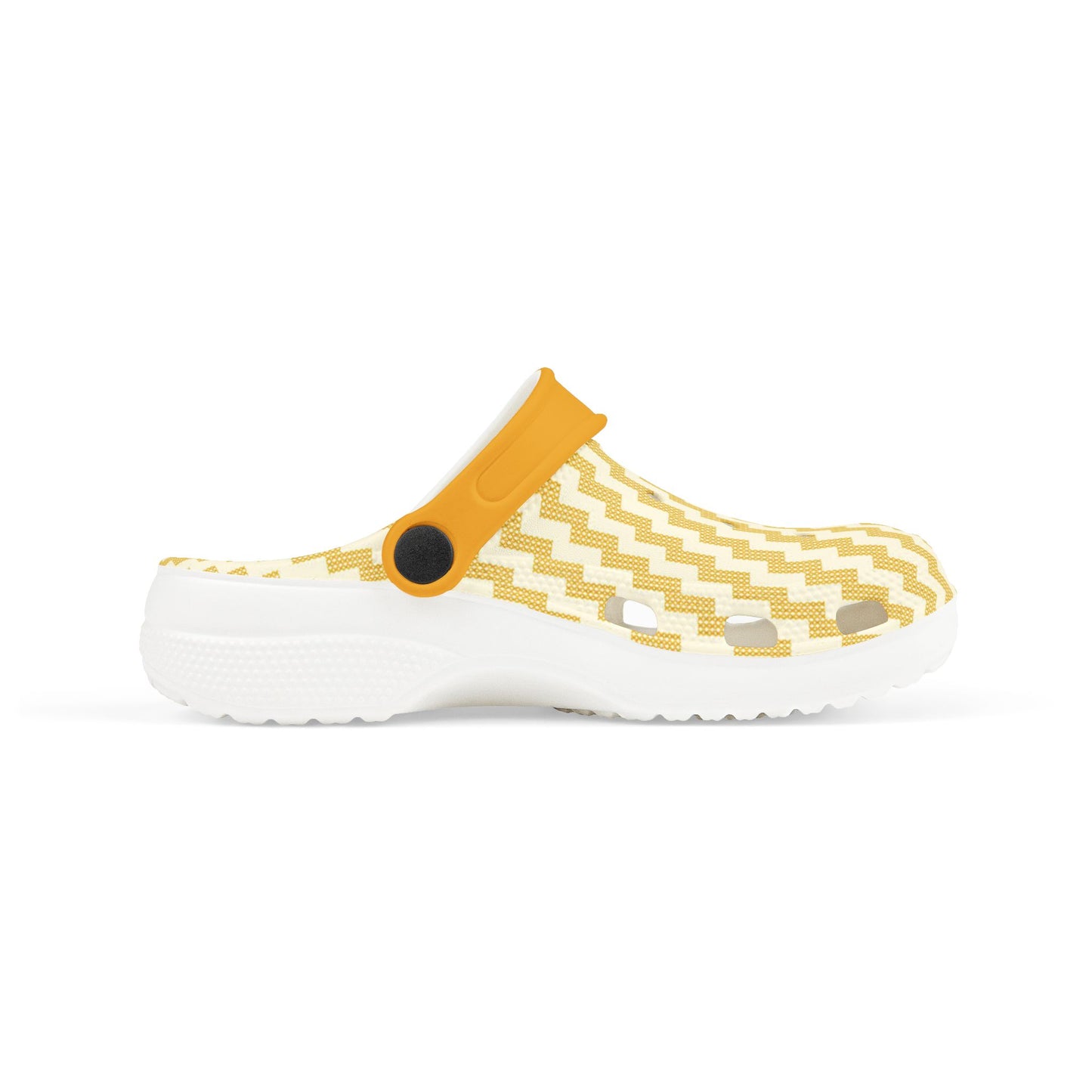 Side view mustard clog with zigzag knit top, black accent button, white sole