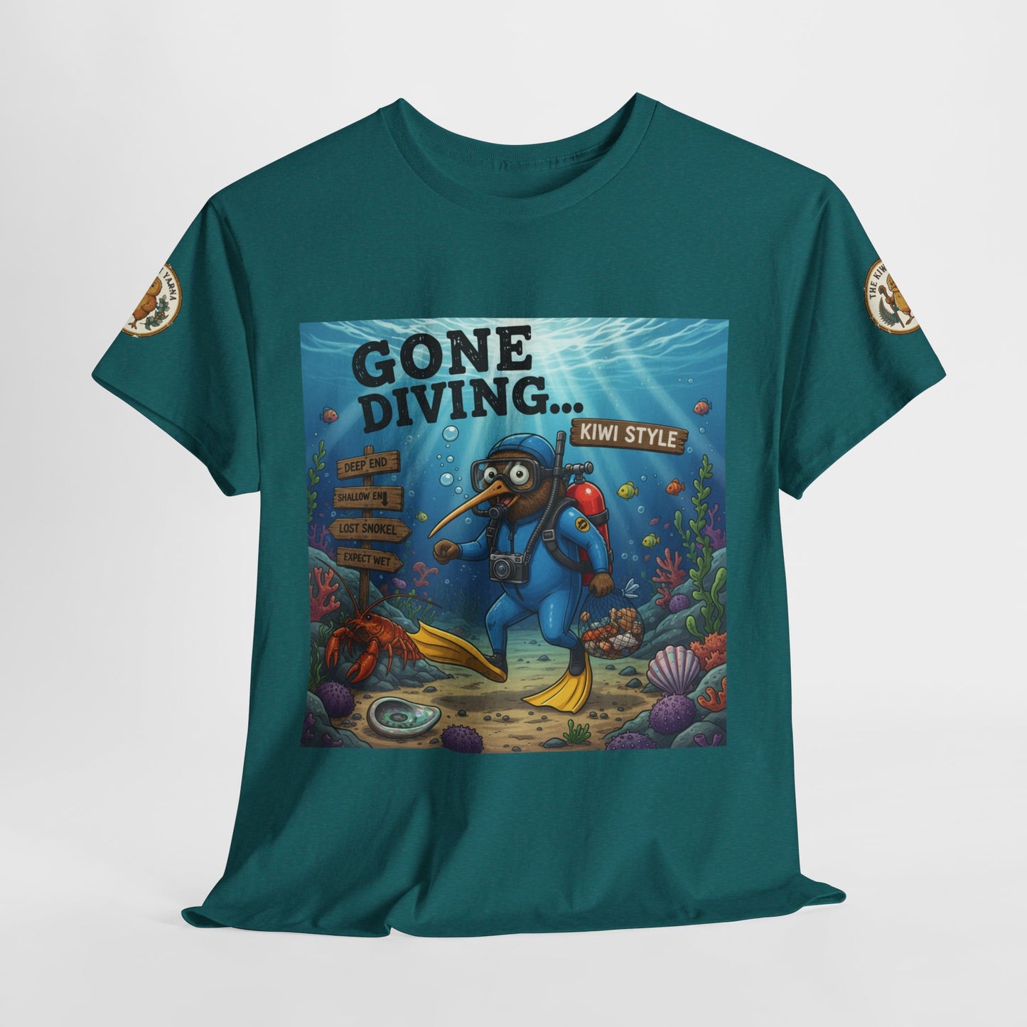 Teal crewneck T-shirt with large scuba diver underwater scene graphic