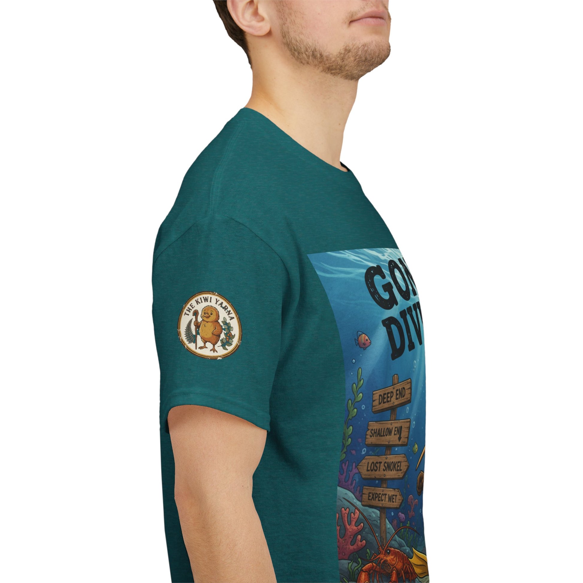 Teal T-shirt with left sleeve patch and side graphic print