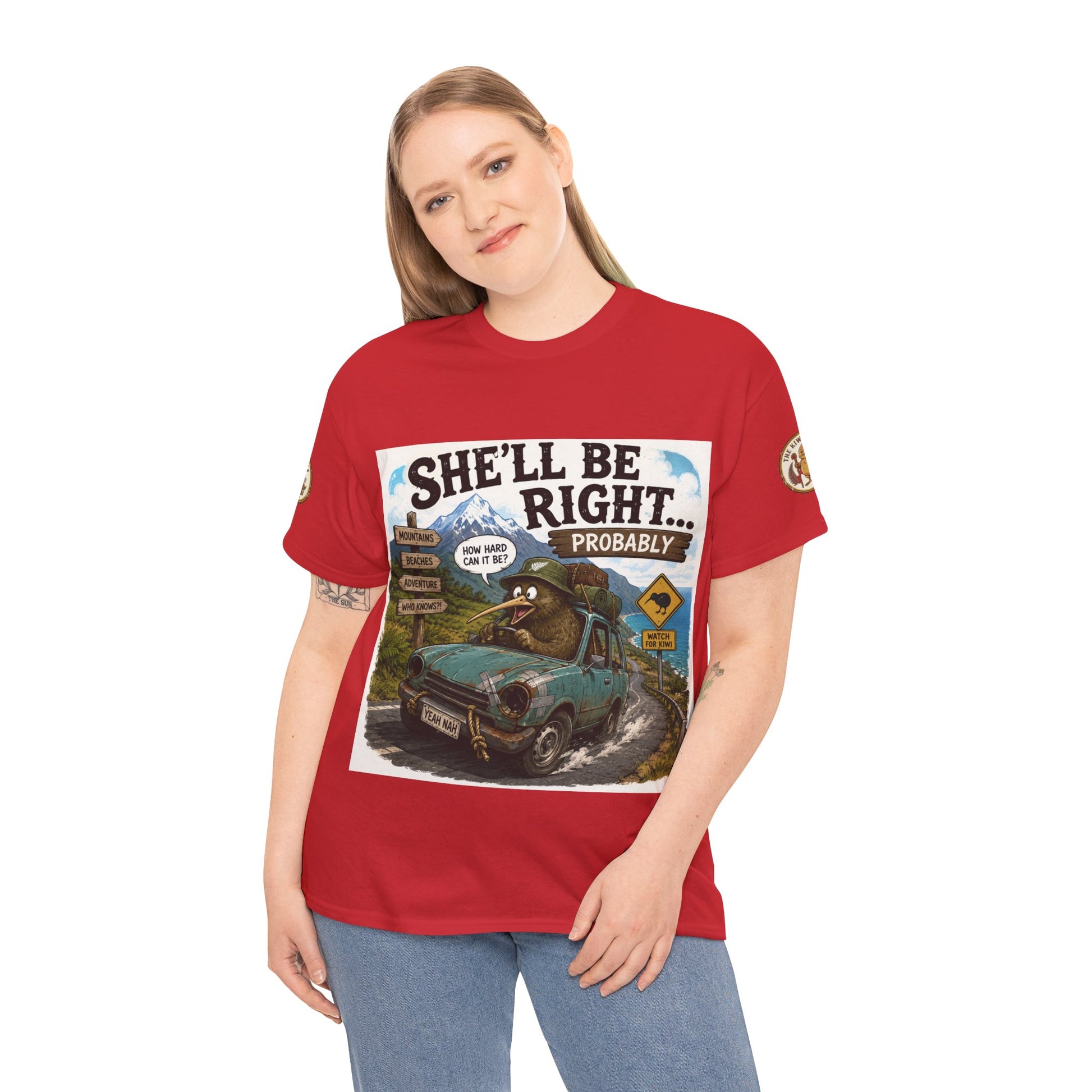 Red T-shirt worn by model with large front car-and-landscape graphic