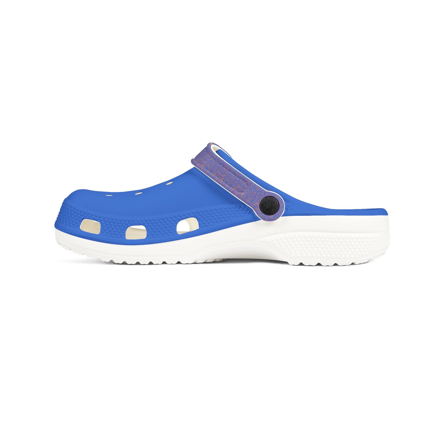 Māpouriki slip-on clog, solid blue upper with perforation holes and white sole