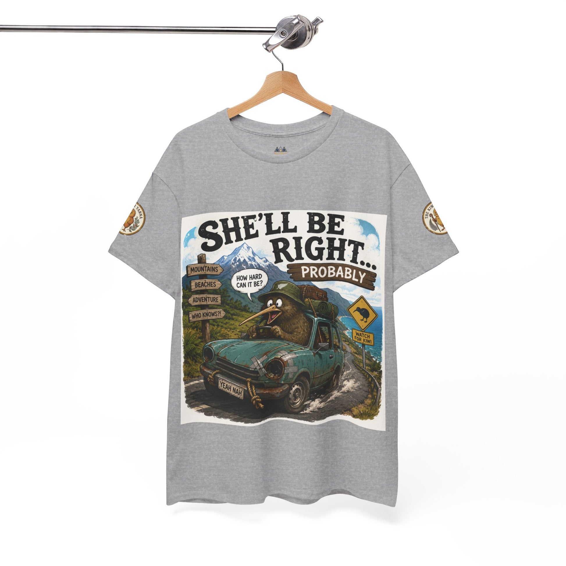 Grey graphic T-shirt with “She’ll Be Right… Probably” front print and small sleeve patches