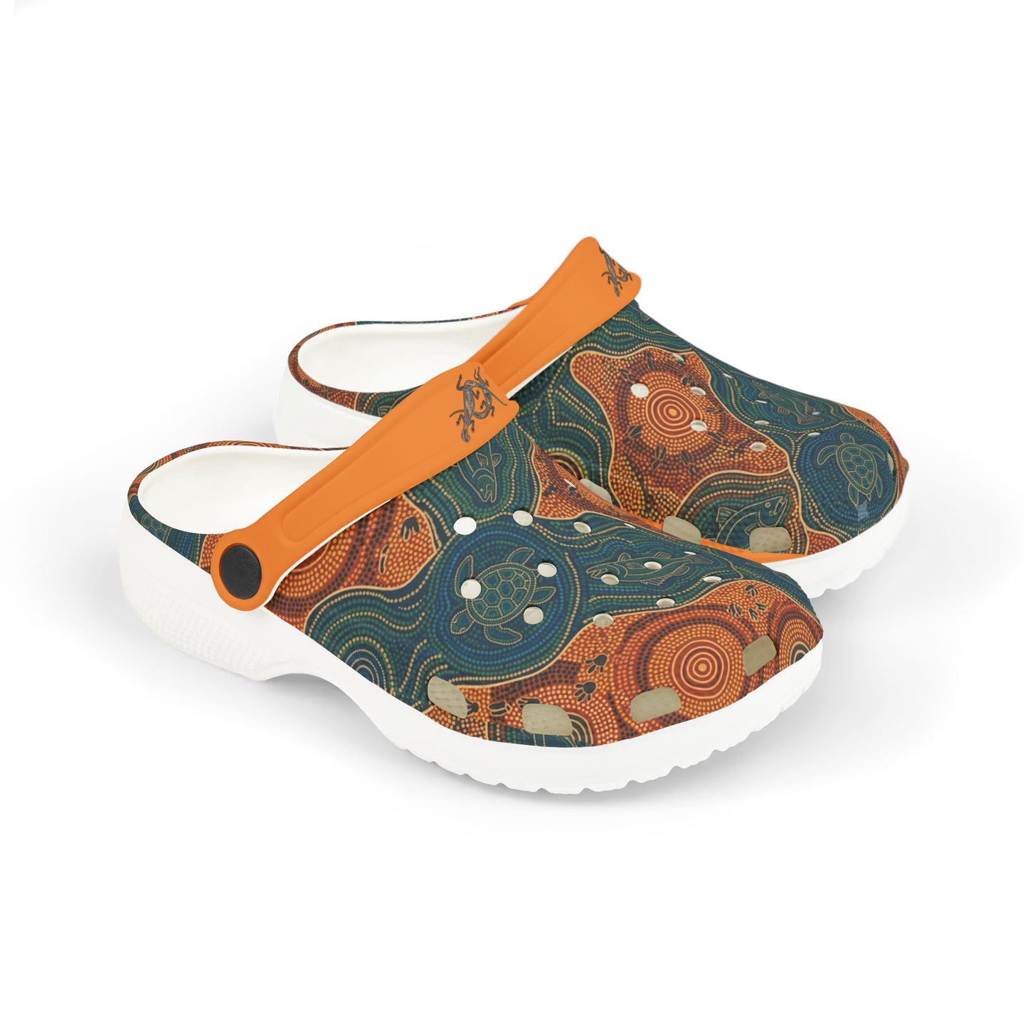 Casual clog shoe with teal-and-orange Aboriginal art print, orange strap, white footbed