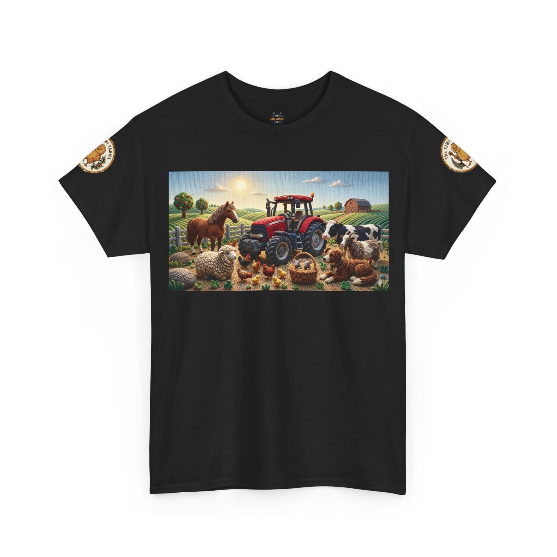 Black farm graphic T-shirt with front rectangle tractor-and-animals scene and sleeve patches