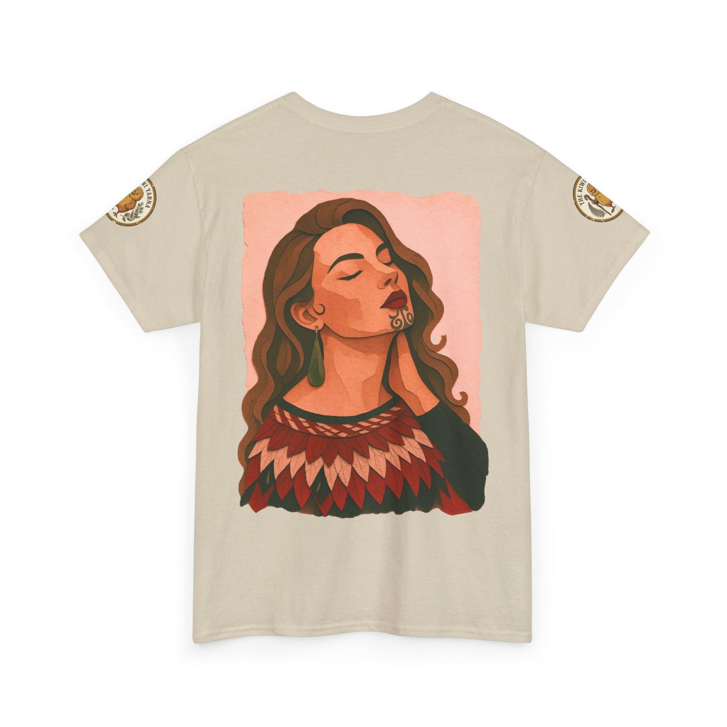 Beige graphic T-shirt with a woman portrait print on the front