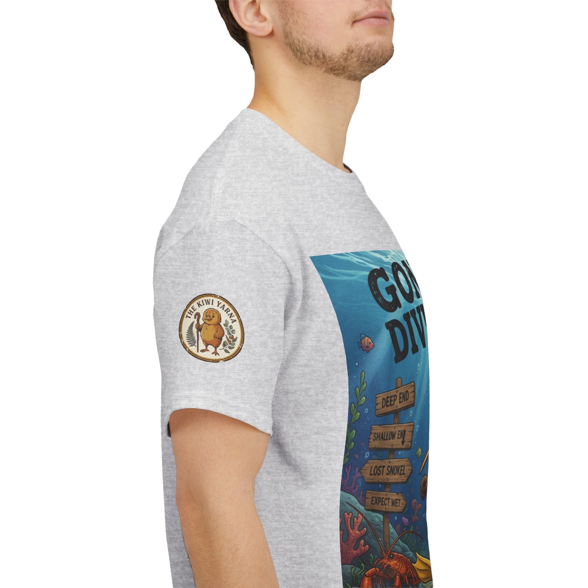 Light gray crew-neck T-shirt with round logo patch on sleeve