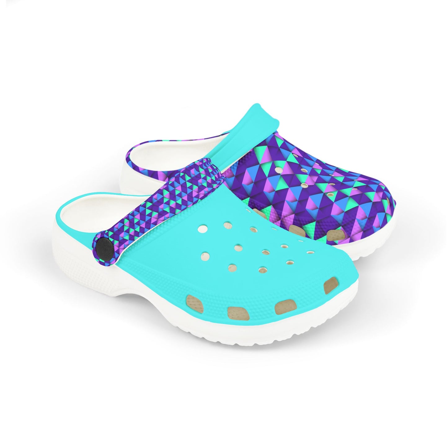 Croc-style clogs, teal top with purple geometric strap and white sole