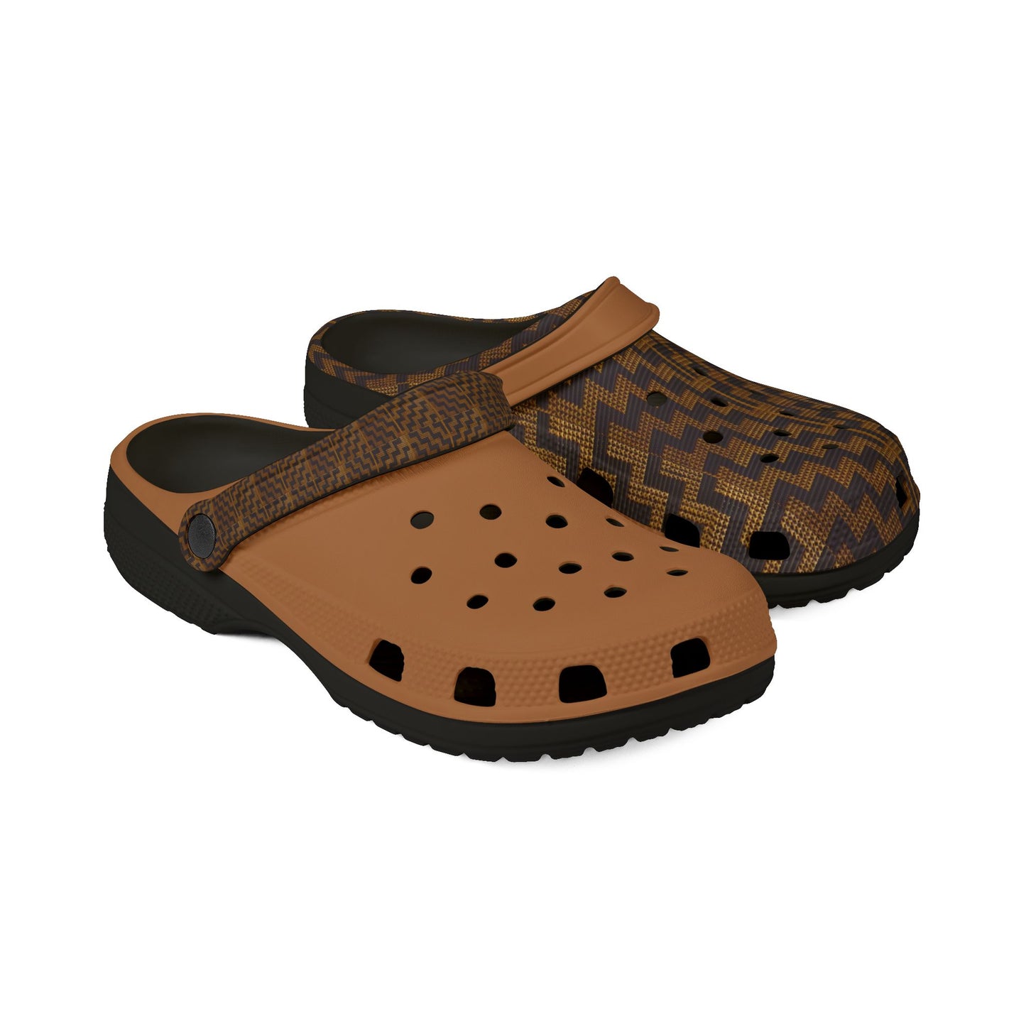 Tukutuku clog sandals with tan perforated footbed and brown patterned crossover strap