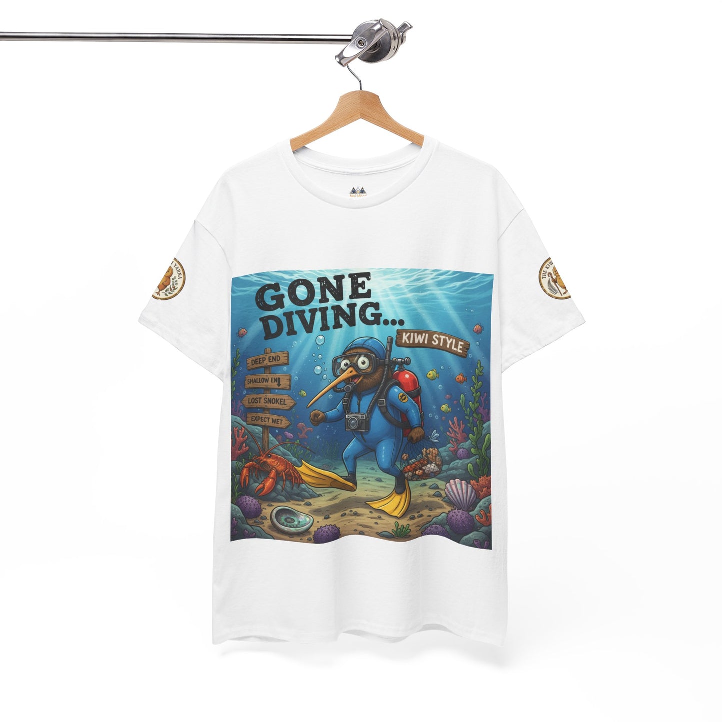 White crew-neck T-shirt with 'Gone Diving... Kiwi Style' underwater graphic print