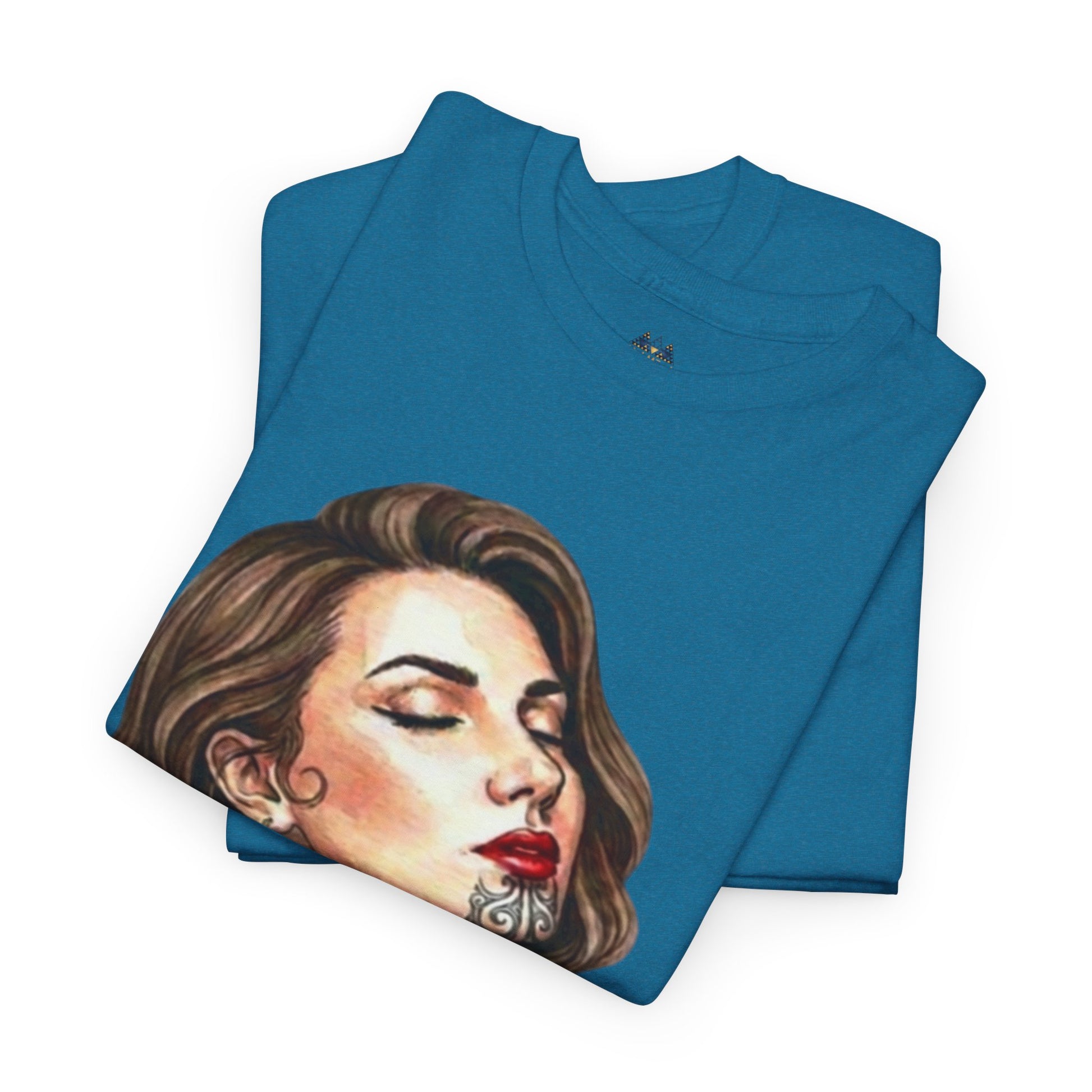 Teal folded graphic T-shirt with portrait face print