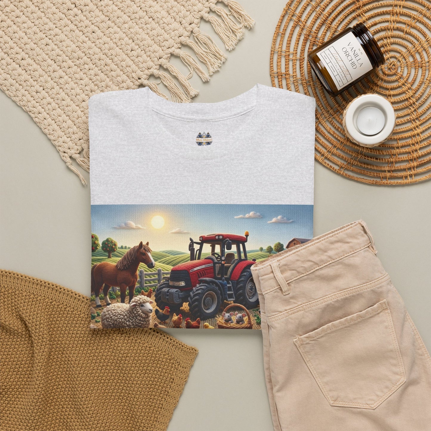 White crewneck T-shirt with farm tractor-and-animals front graphic