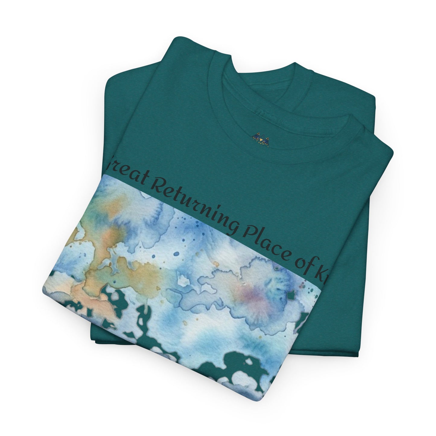 Green printed T-shirt set, featuring watercolor landscape front graphic and crew neck.