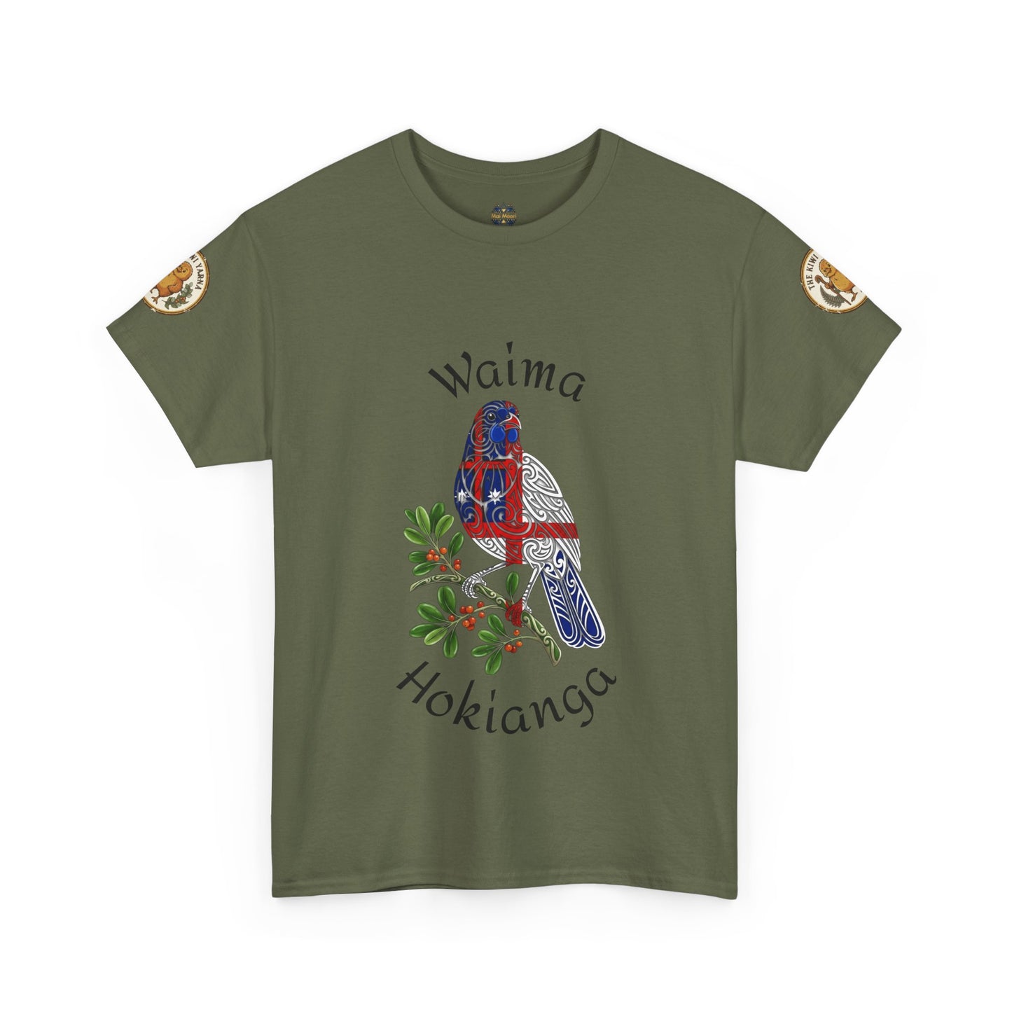 Olive green T-shirt with blue bird graphic and text, plus small circular logo patches on sleeves