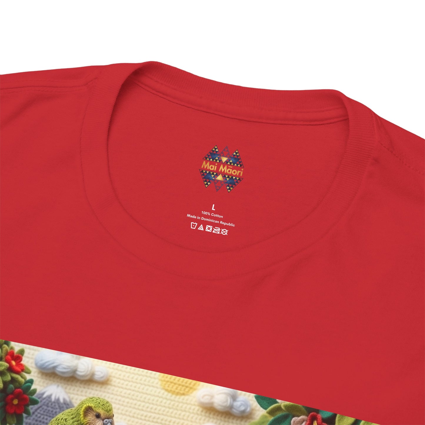 Red T-shirt crew neck with small Mai Maori logo on the chest