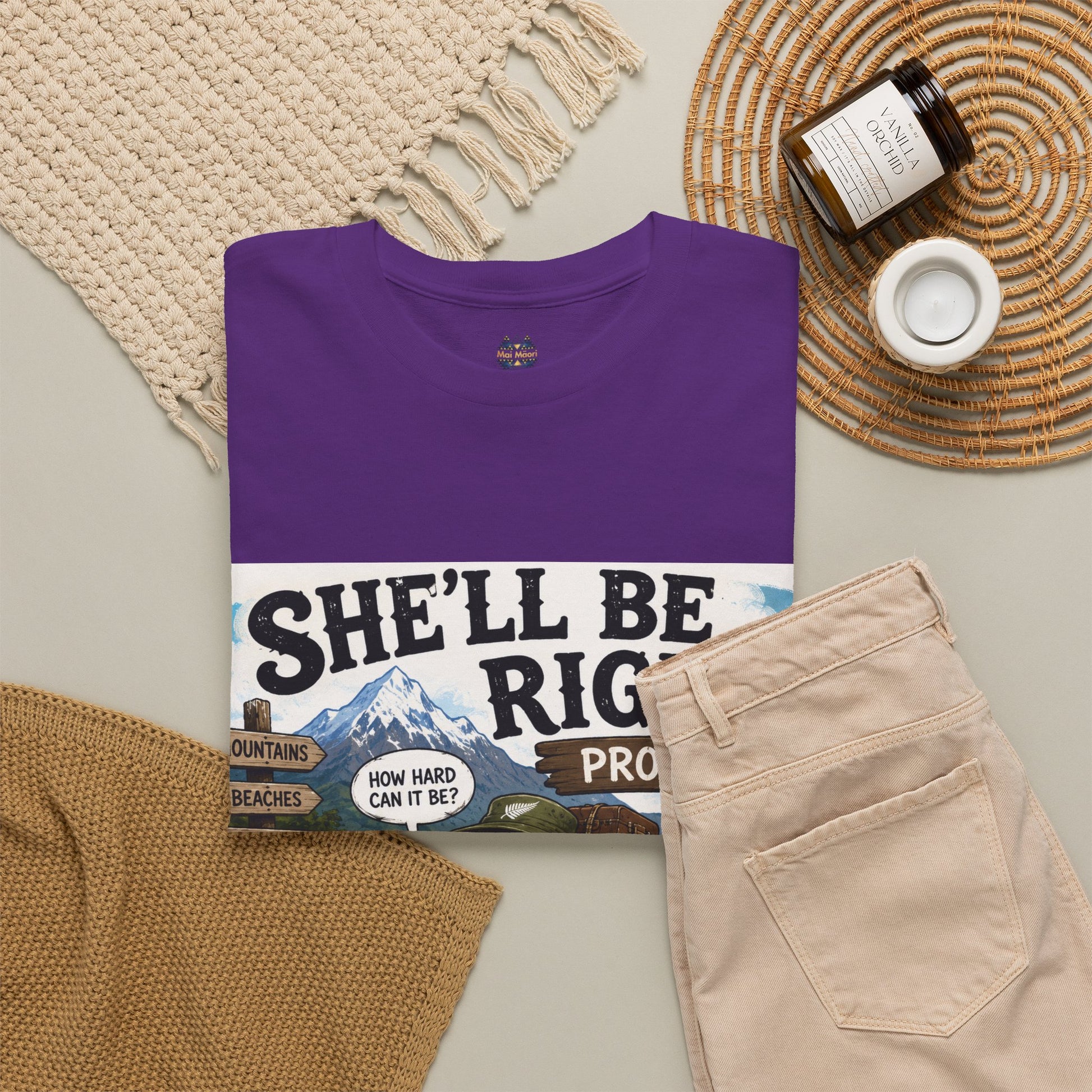 Purple T-shirt with front graphic print, crew neck, and small chest emblem