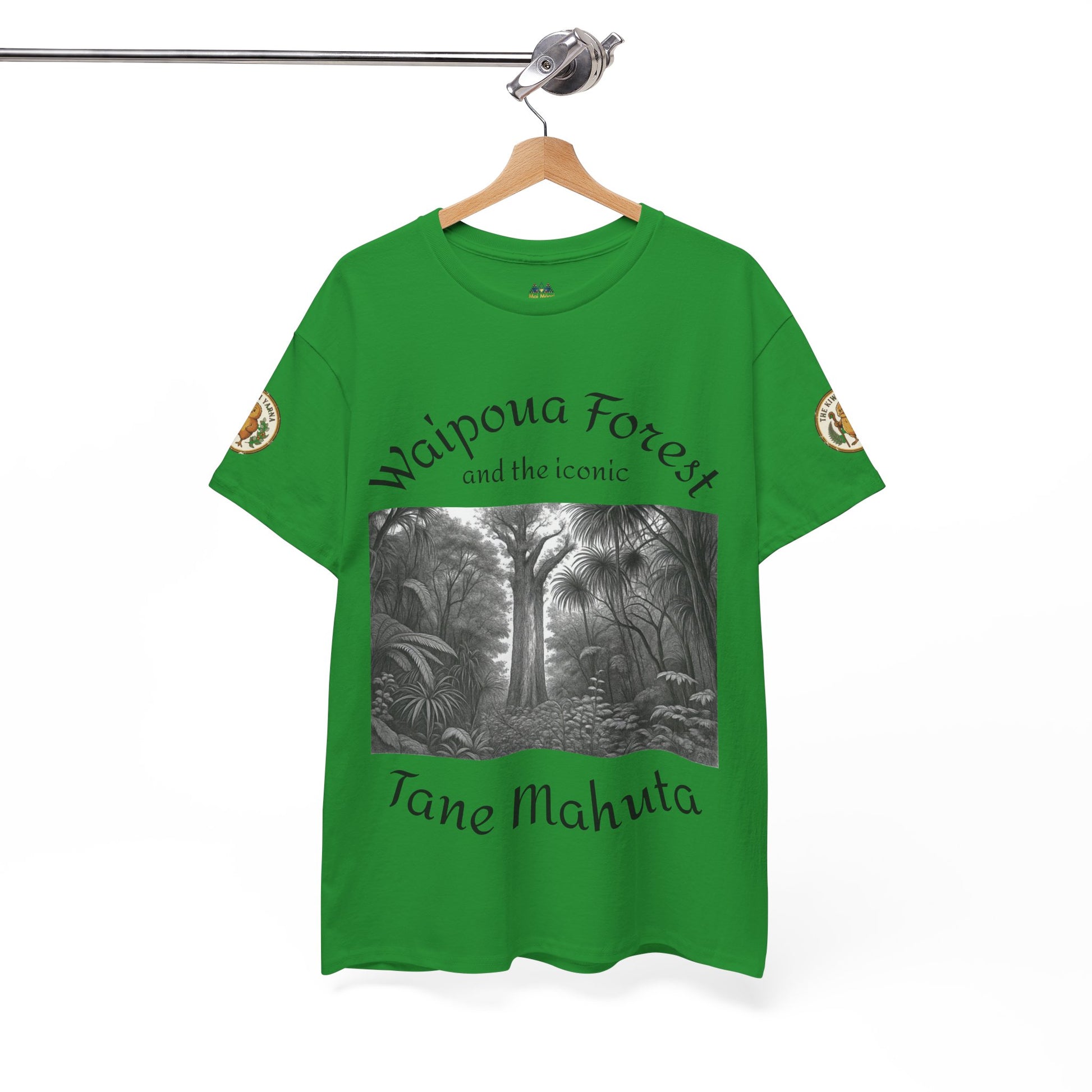 Green forest graphic T-shirt hanging on hanger, crew neck short sleeves