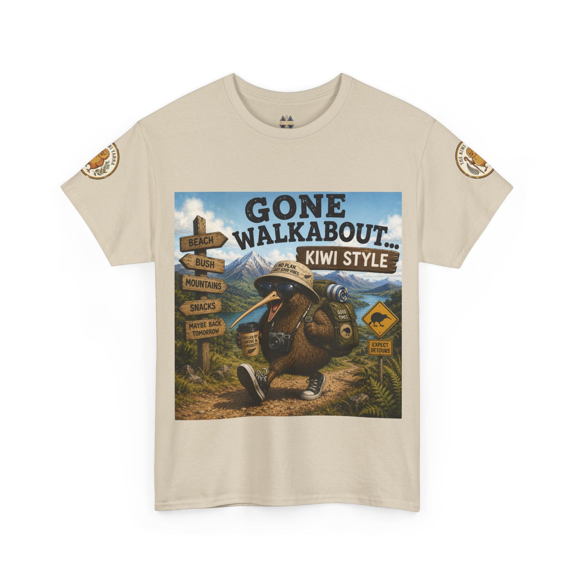 Beige crew-neck graphic T-shirt with rectangular “Gone Walkabout” kiwi-style front print