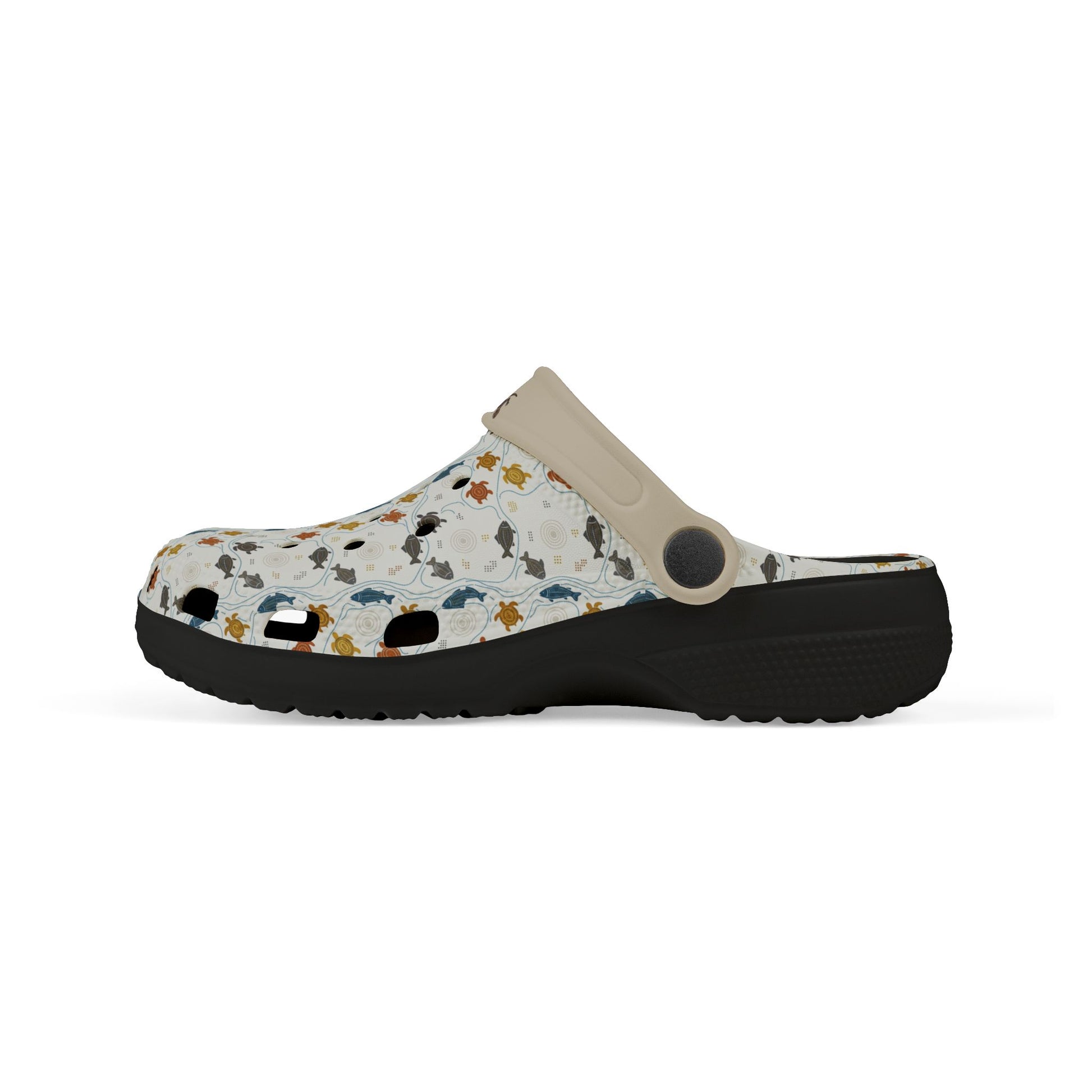 Colorful animal-print clog shoes with black outsole, beige heel strap, side profile