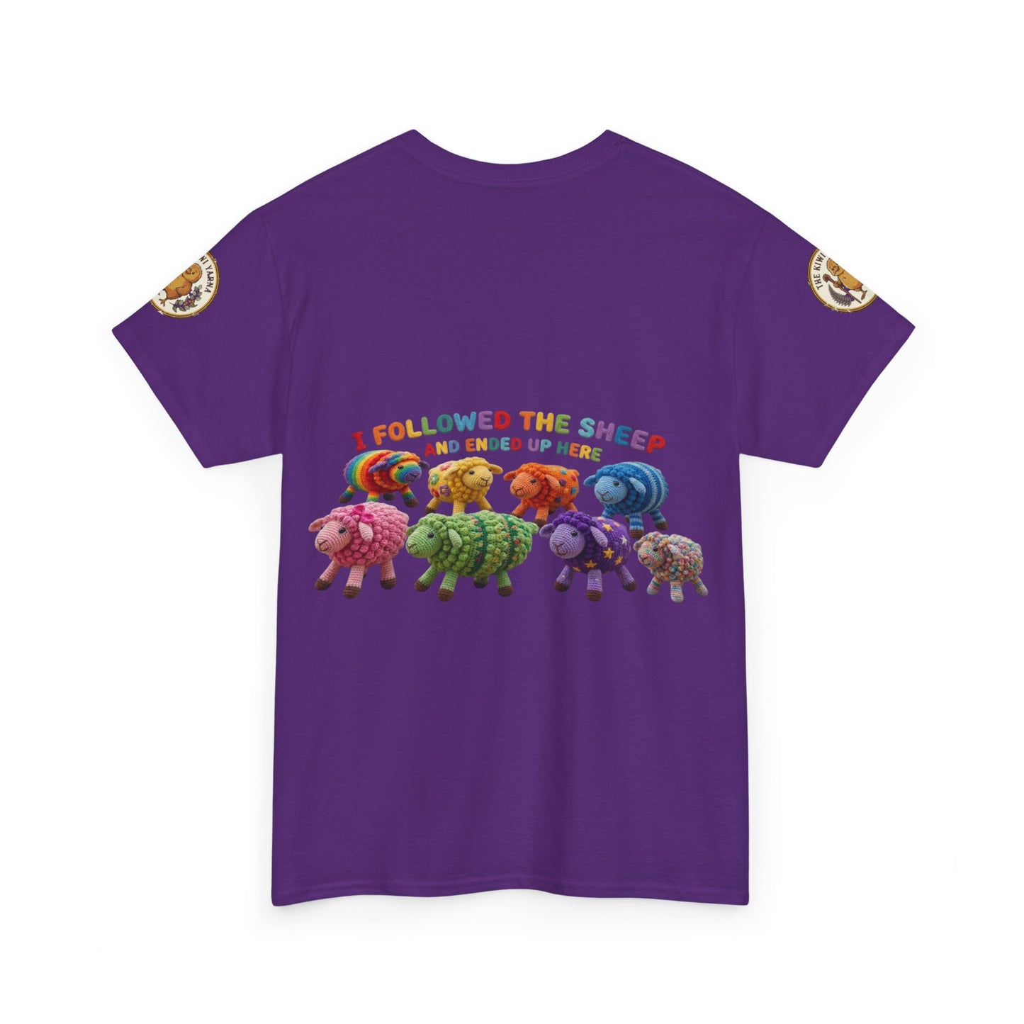Purple short-sleeve T-shirt with colorful sheep graphic centered on chest