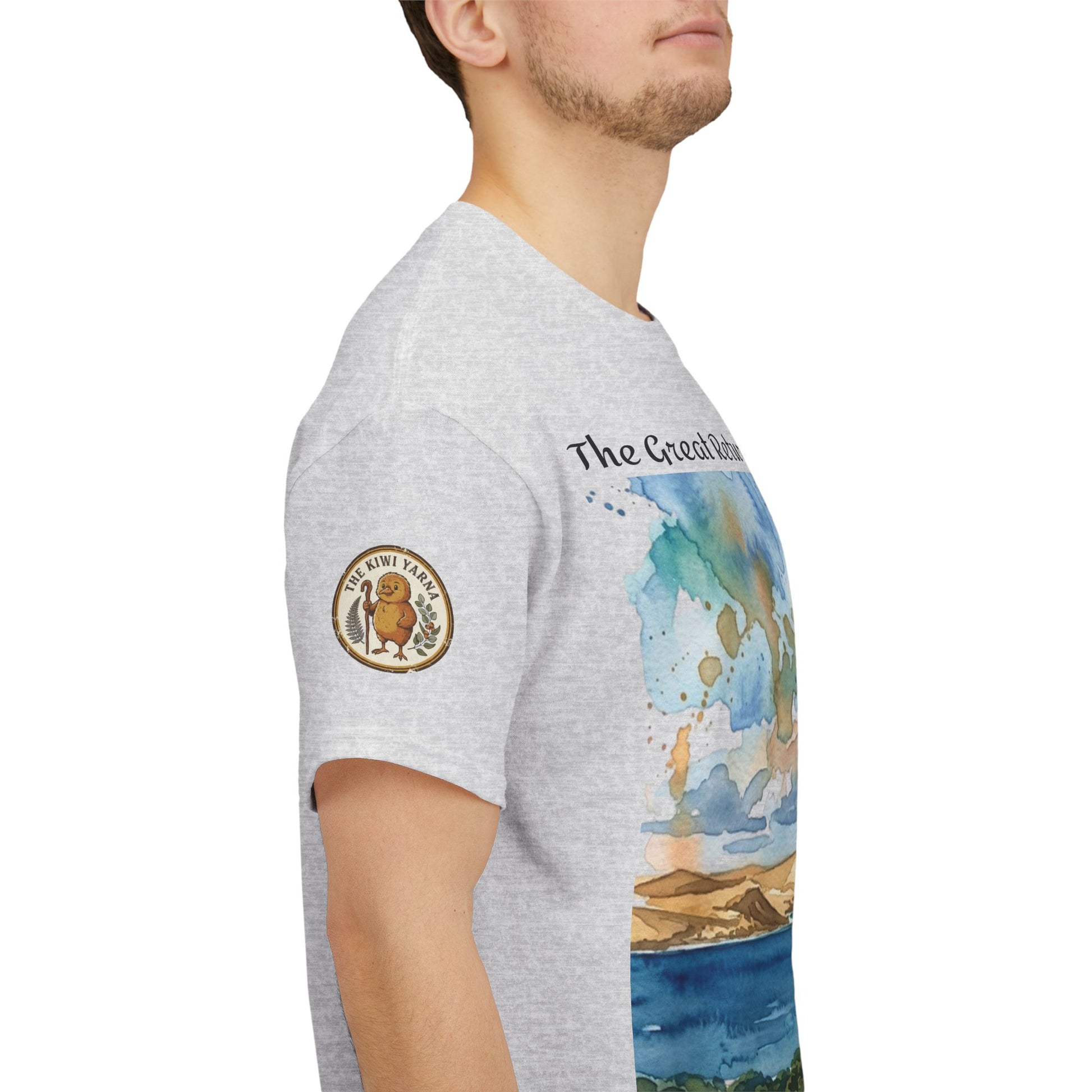 Heather gray T-shirt on a model with sleeve emblem and watercolor landscape graphic