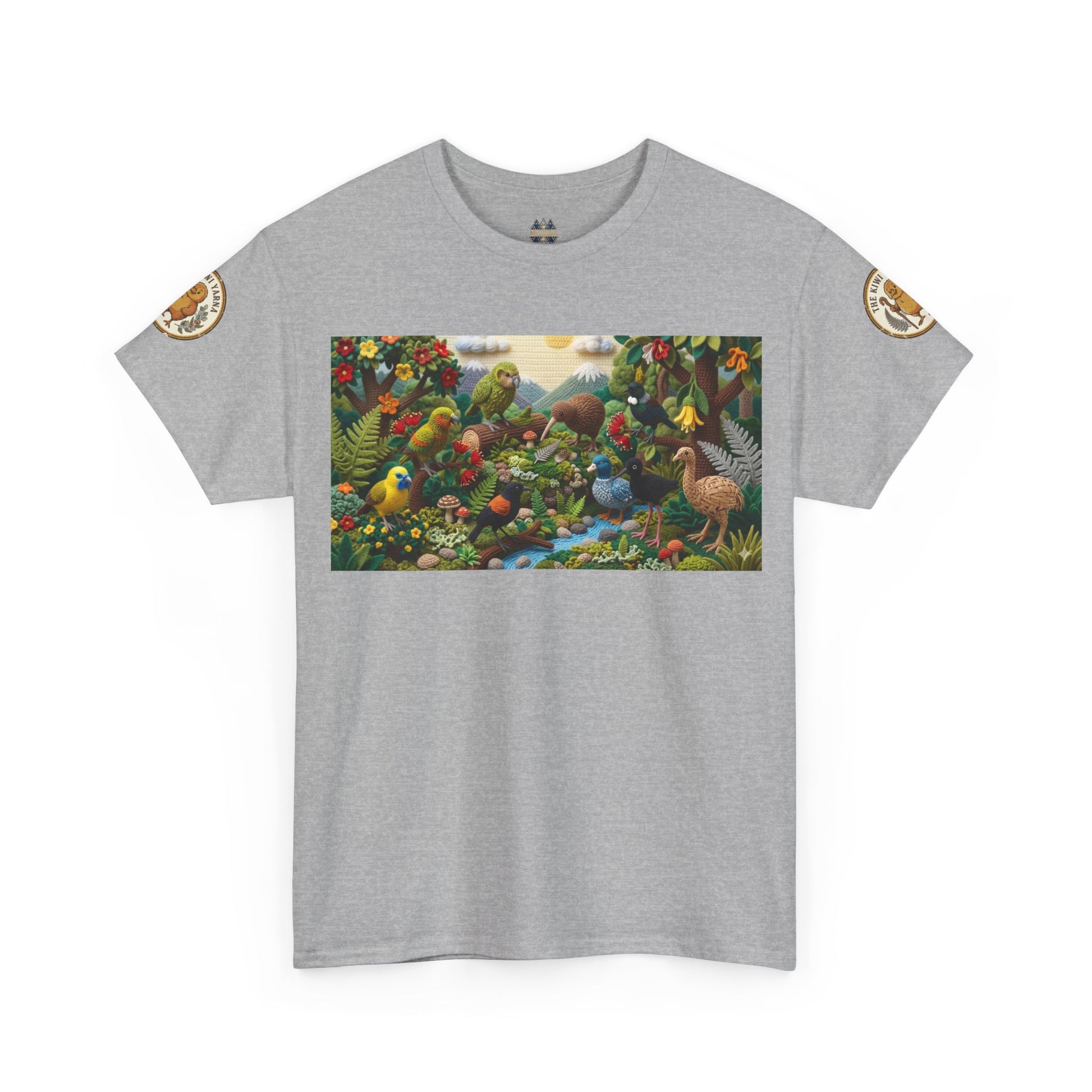 Heather gray crewneck T-shirt with wildlife bird graphic and circular sleeve logo patches