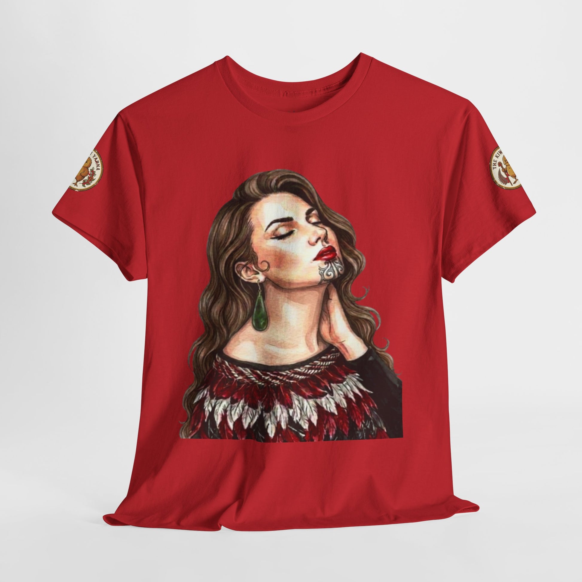 Red crewneck graphic t-shirt with full woman's portrait print and short sleeves