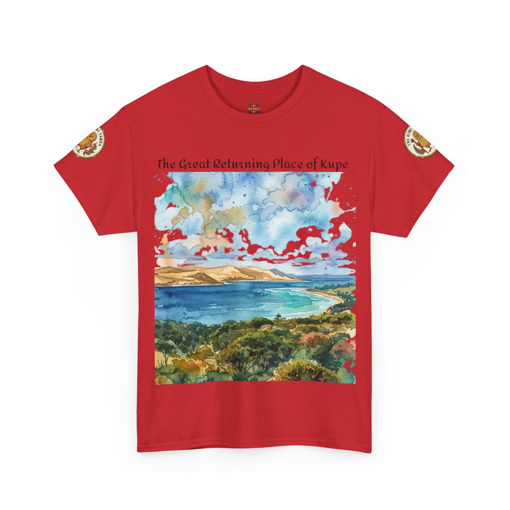 Red graphic crewneck T-shirt with watercolor landscape print and circular sleeve logo