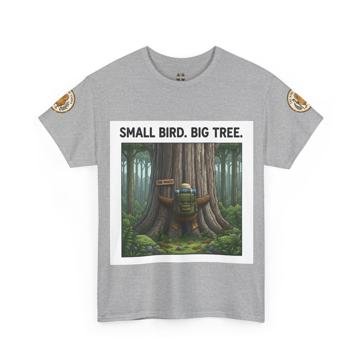 Light gray graphic T-shirt with forest scene print, round neck, short sleeves