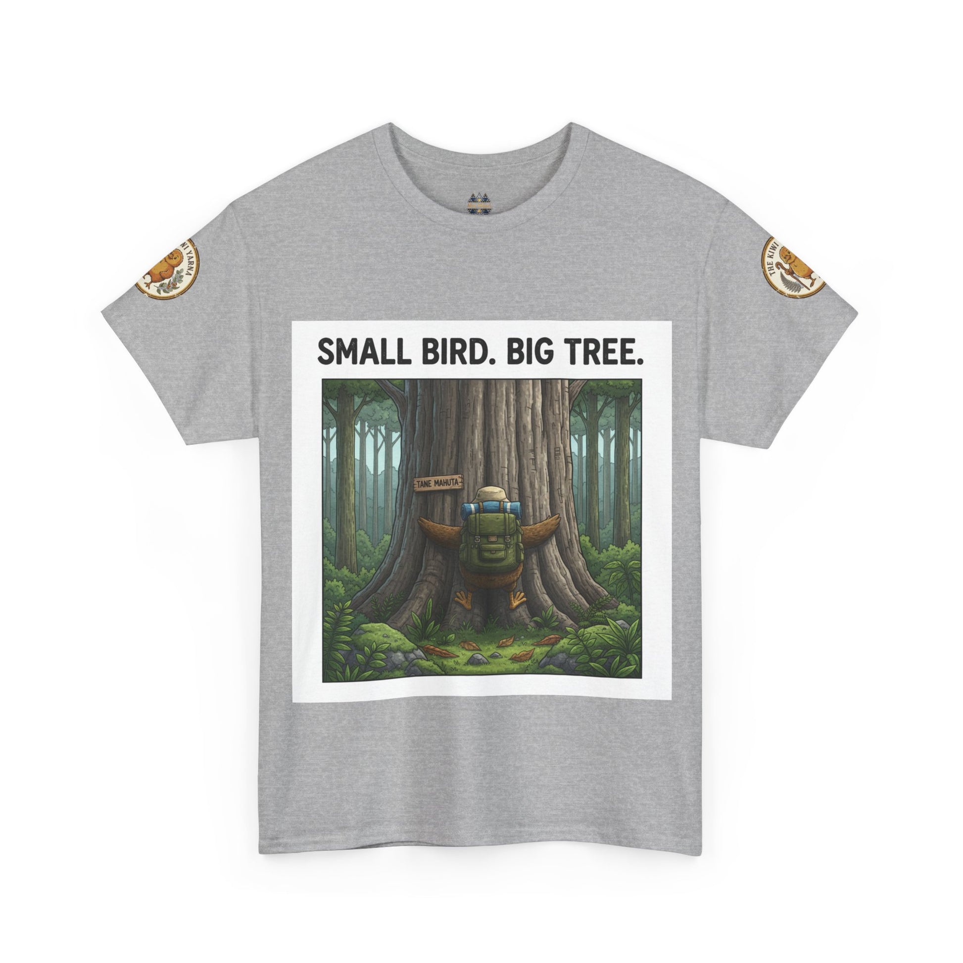 Light gray graphic T-shirt with forest scene print, round neck, short sleeves