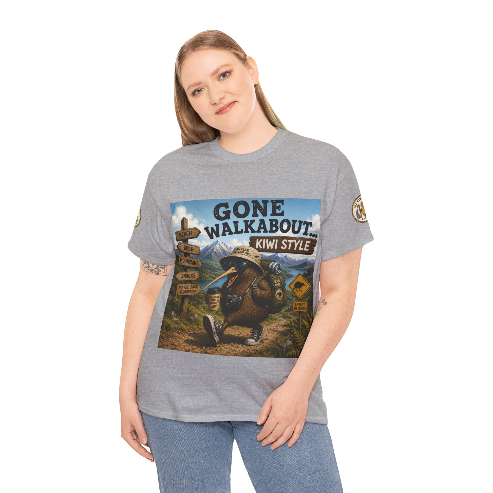 Model wearing grey T-shirt with 'Gone Walkabout Kiwi Style' front print