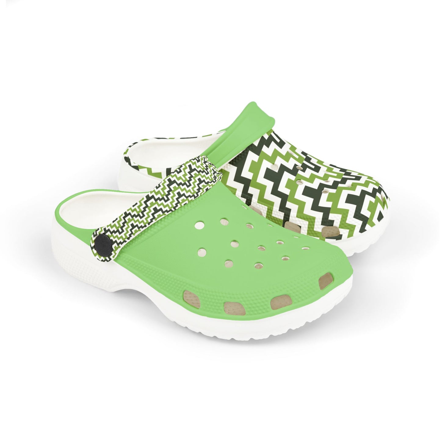 Zigzag clog sandals with green top and white sole, perforated footbed