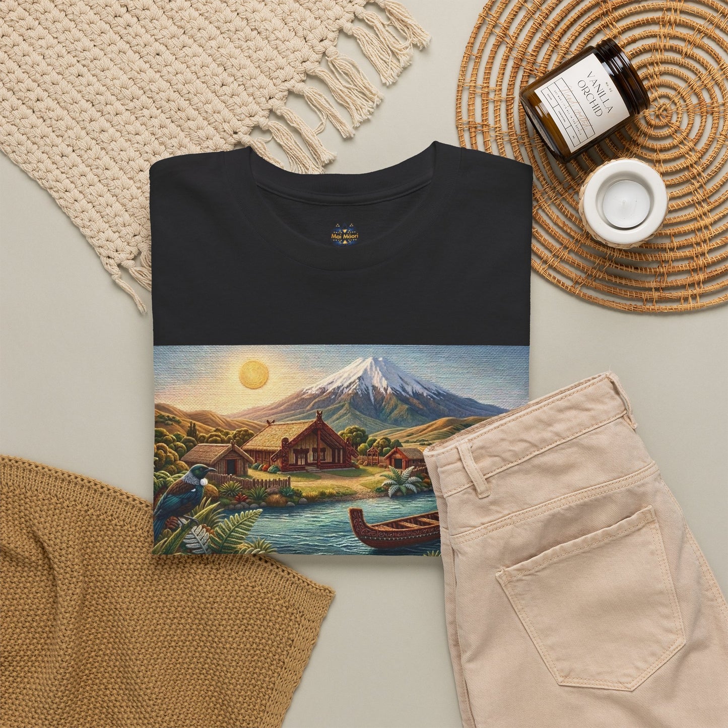 Black crewneck graphic T-shirt with large landscape print