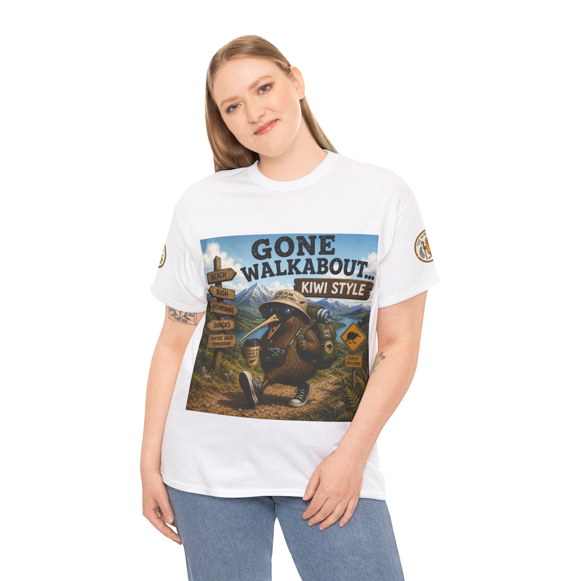 White graphic T-shirt on model with full front Gone Walkabout Kiwi Style print