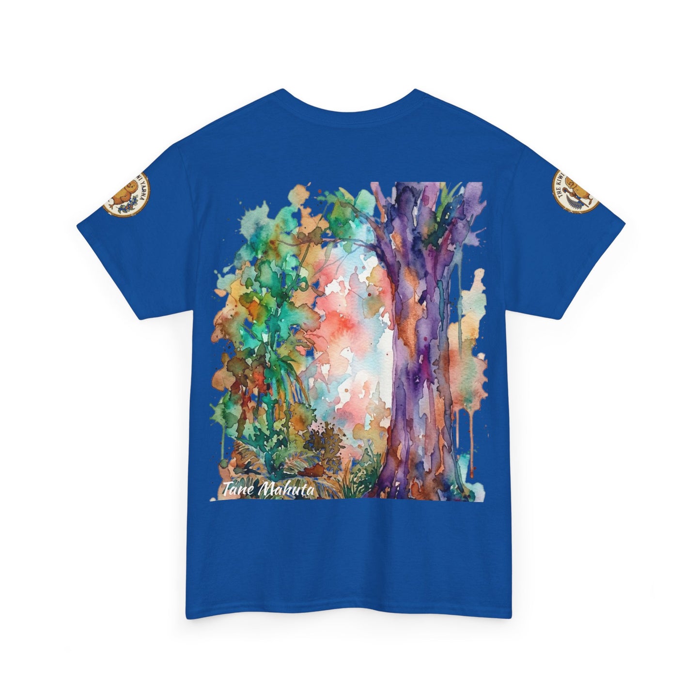 Blue graphic crewneck T-shirt with colorful tree artwork and small sleeve patches