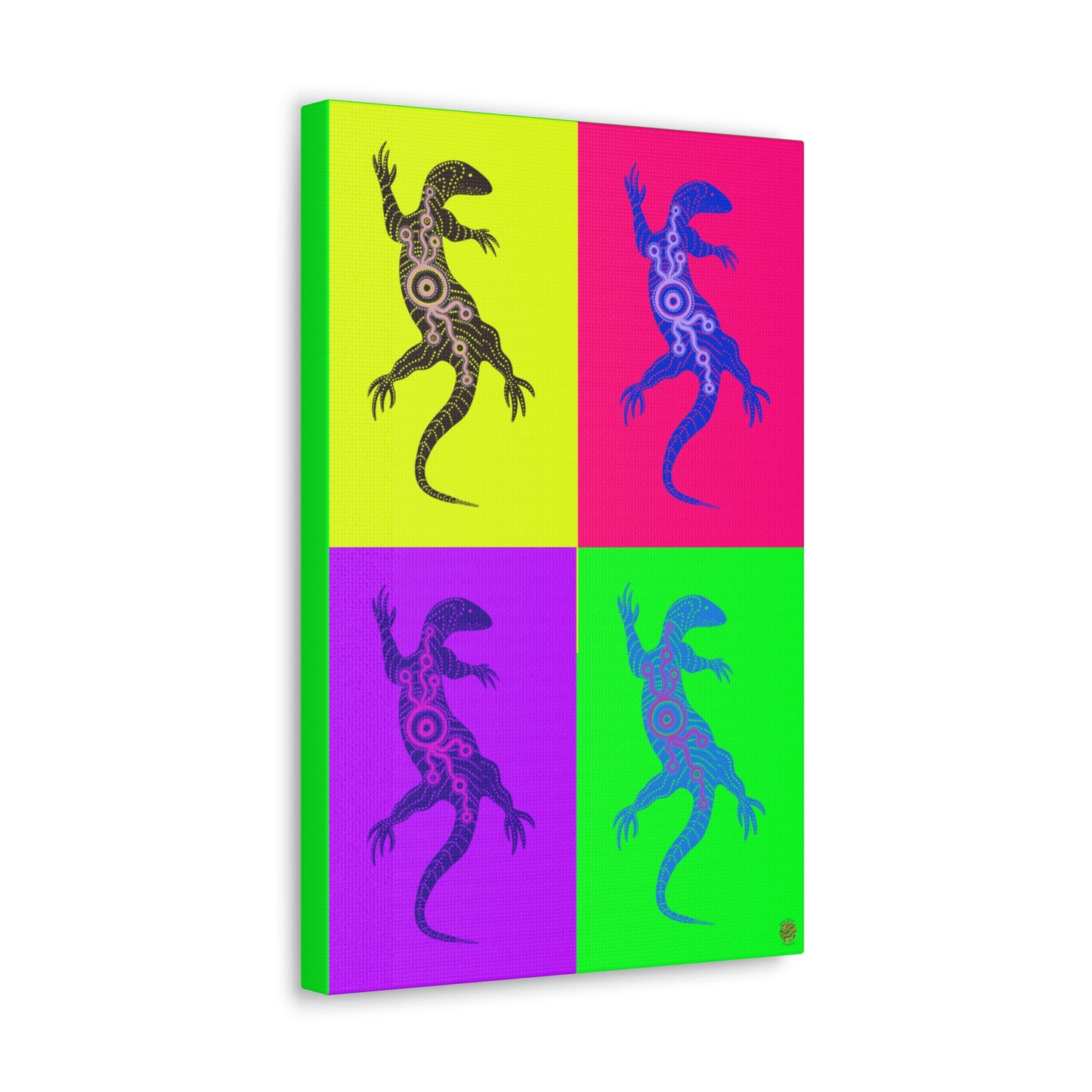 Framed neon pop-art lizard wall art with four colored panels